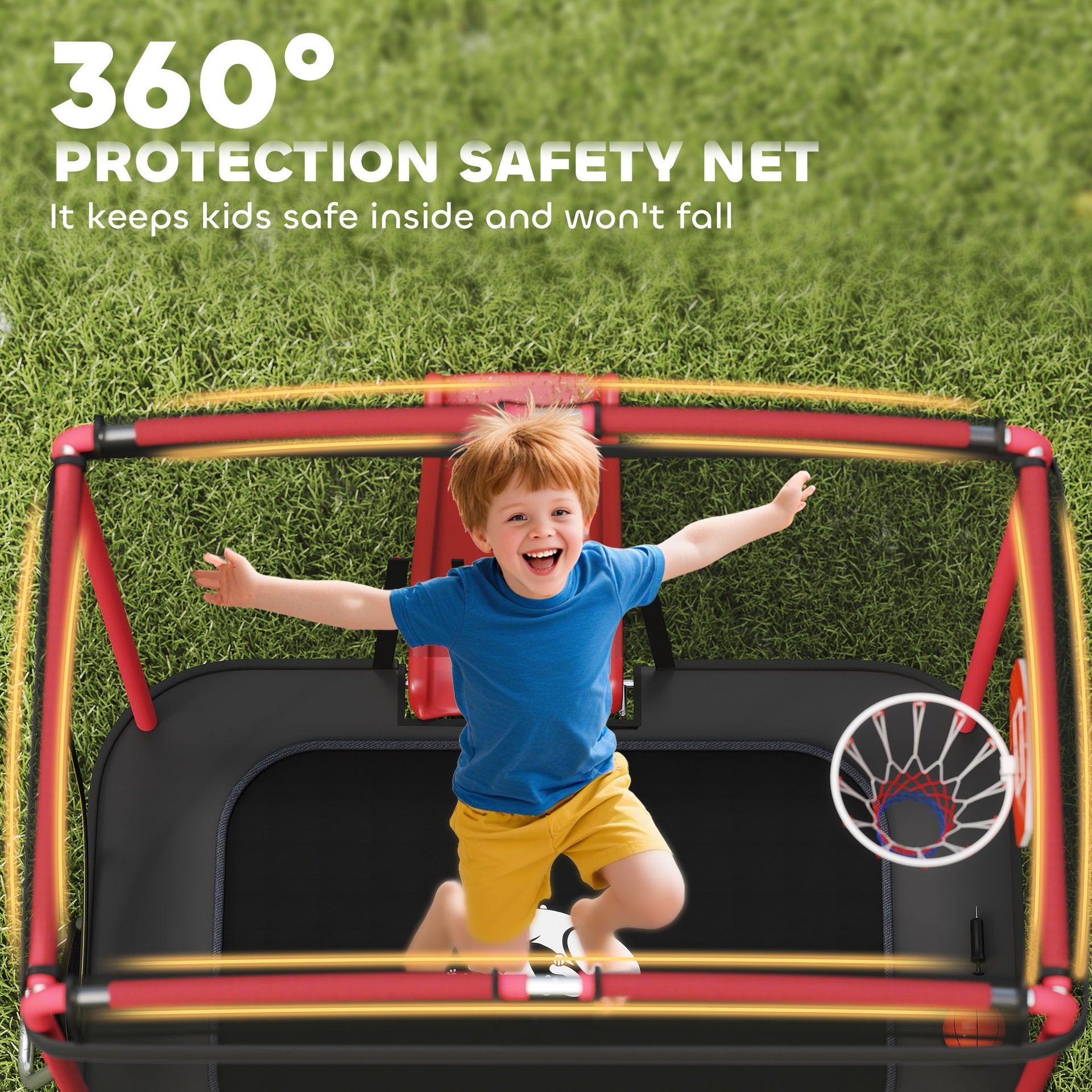 Qaba 4 x 6FT Trampoline for Kids Indoor & Outdoor with Slide, Swing, Basketball Hoop and Safety Enclosure, Red