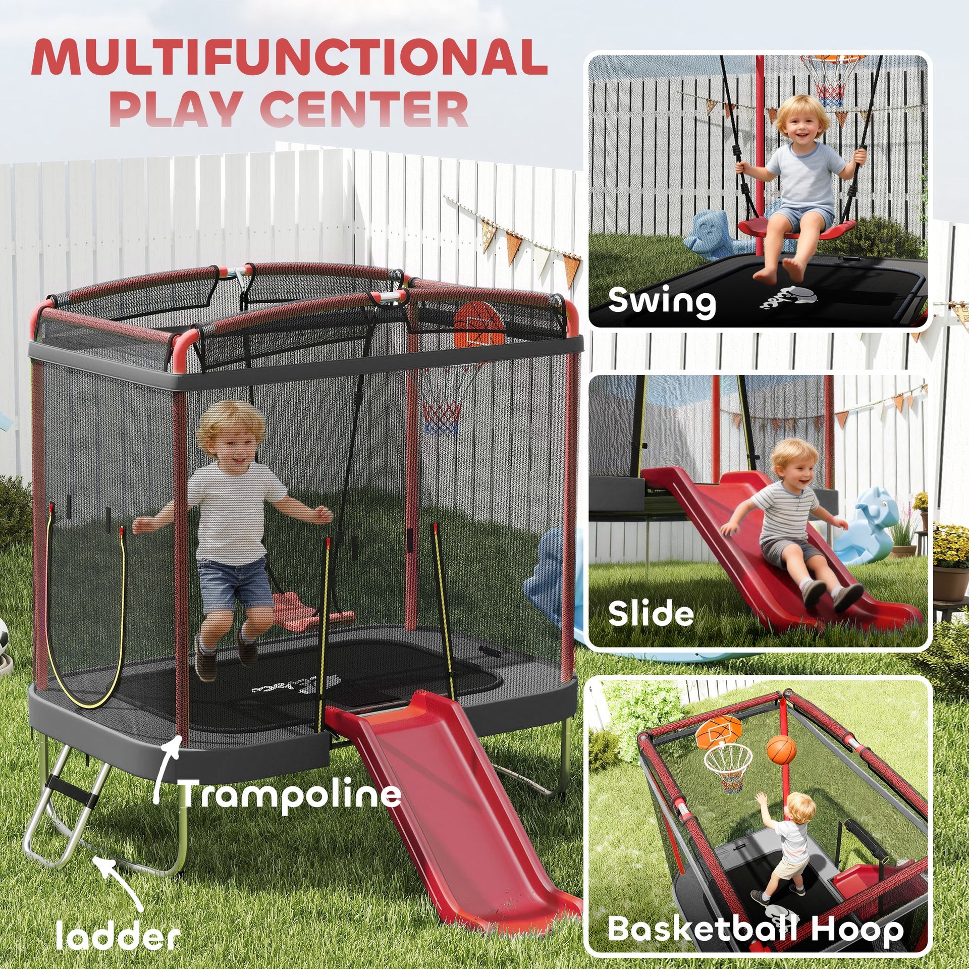 Qaba 4 x 6FT Trampoline for Kids Indoor & Outdoor with Slide, Swing, Basketball Hoop and Safety Enclosure, Red