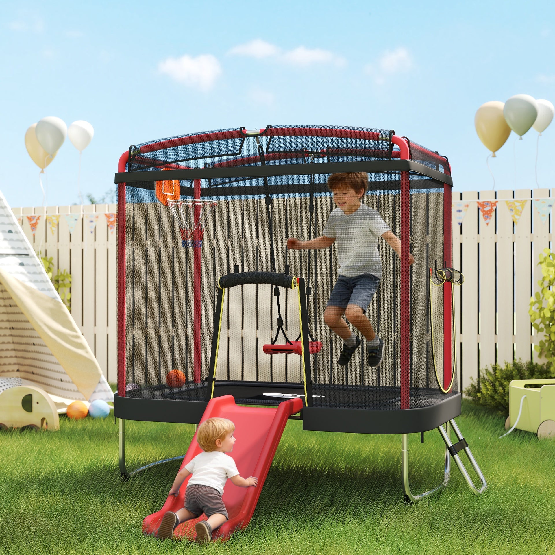 Qaba 4 x 6FT Trampoline for Kids Indoor & Outdoor with Slide, Swing, Basketball Hoop and Safety Enclosure, Red