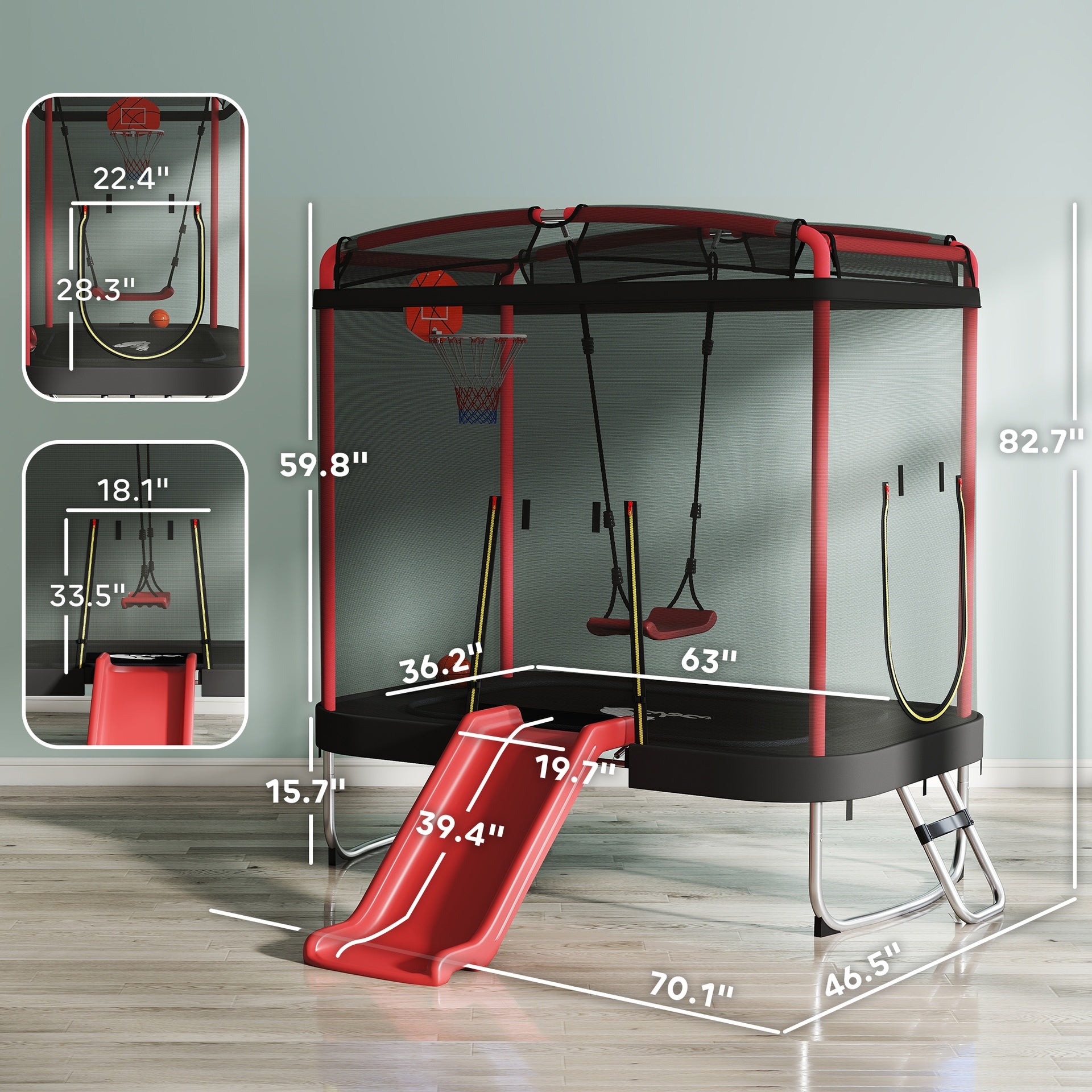 Qaba 4 x 6FT Trampoline for Kids Indoor & Outdoor with Slide, Swing, Basketball Hoop and Safety Enclosure, Red