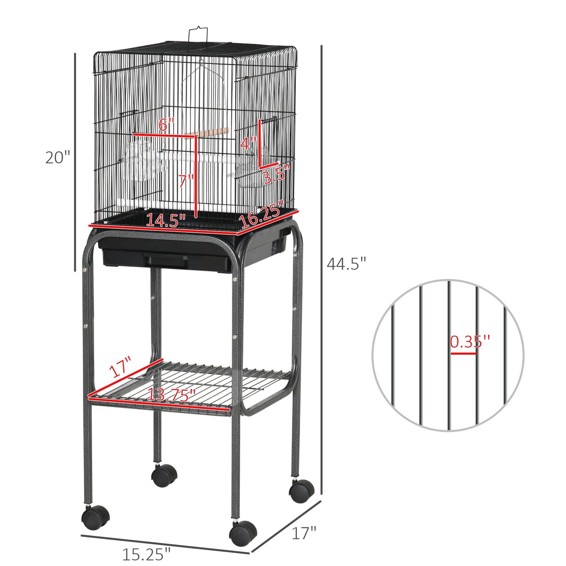 Pawhut 45-inch Metal Indoor Bird Cage, Parrot Cage, Bird Aviary with Detachable Rolling Stand, Storage Basket, and Accessories - Black