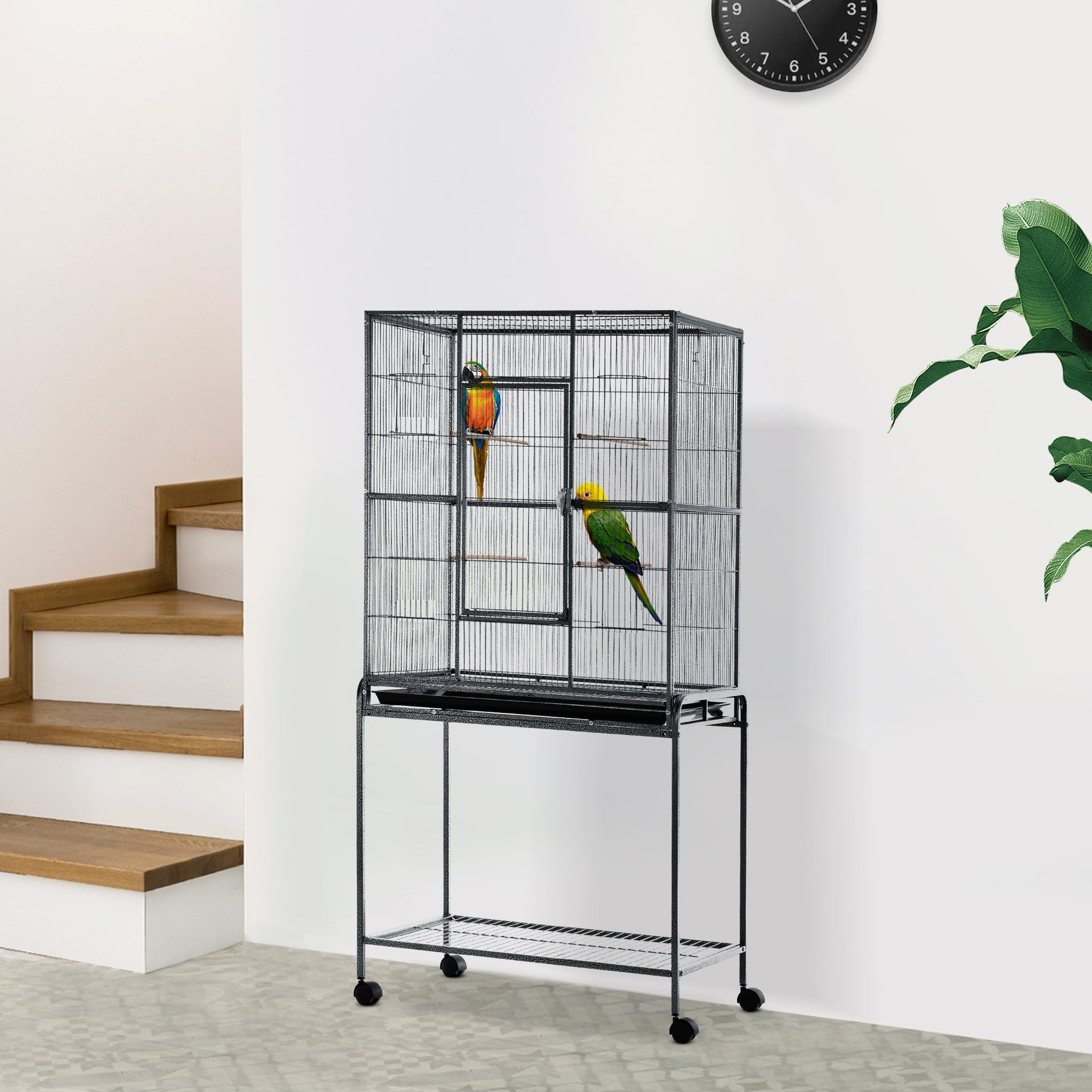 PawHut 30" Rolling Metal Bird Cage Feeder with Detachable Rolling Stand, Storage Shelf, Wood Perch & Food Container