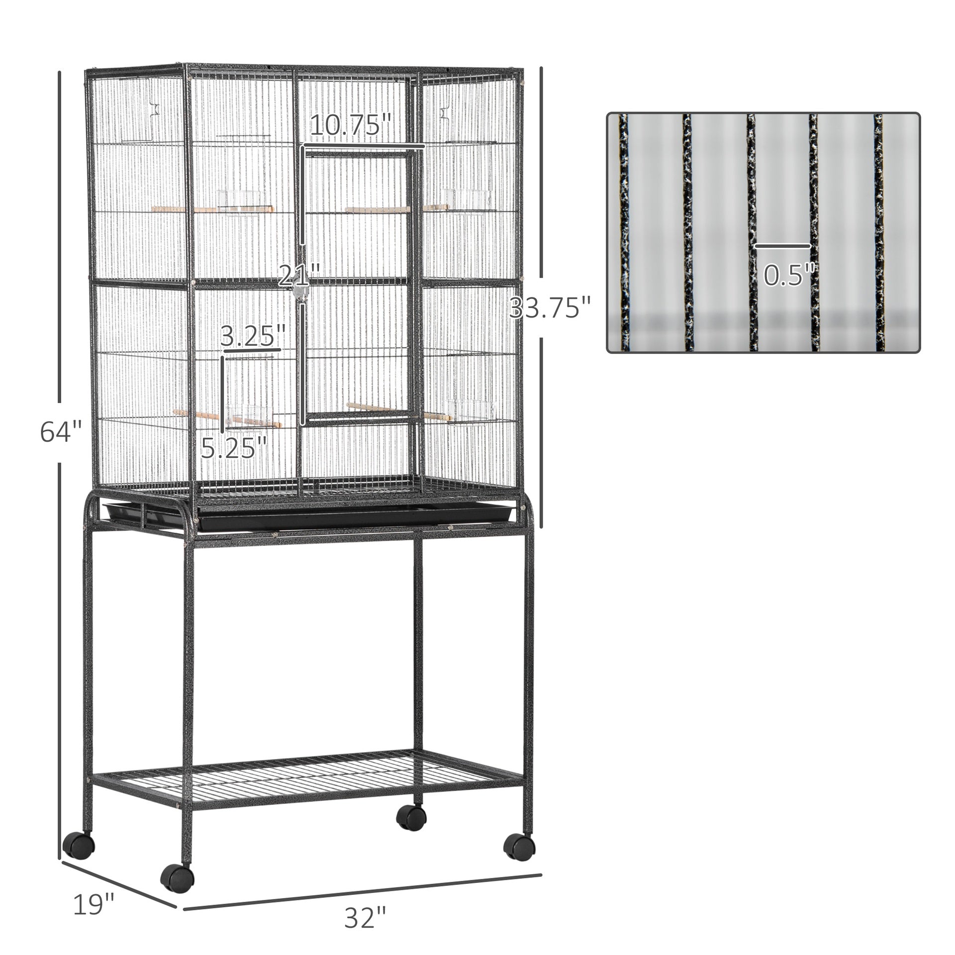 PawHut 30" Rolling Metal Bird Cage Feeder with Detachable Rolling Stand, Storage Shelf, Wood Perch & Food Container