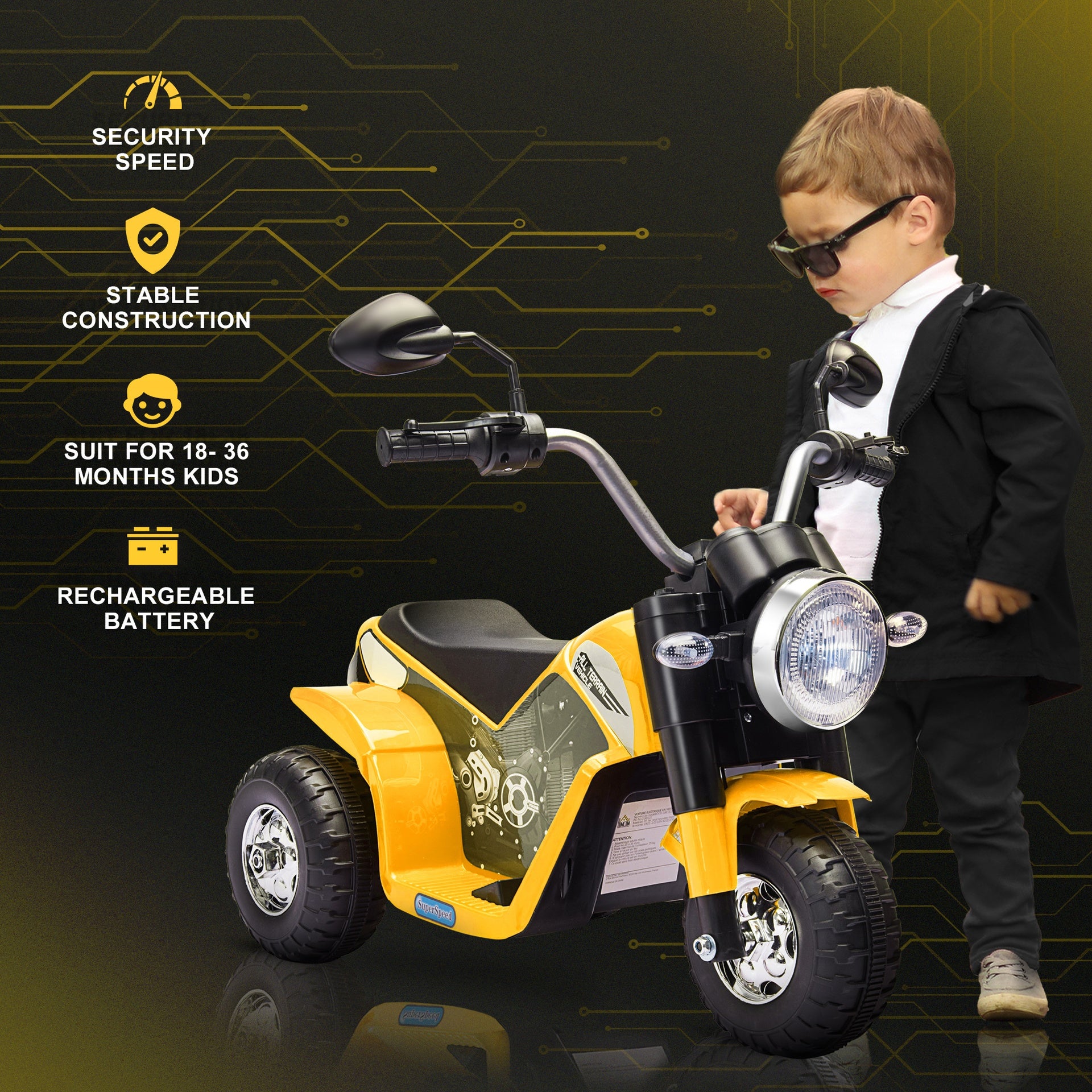 Aosom Electric Motorcycle for Kids, 6V Battery Powered Ride-On Dirt Bike 3-Wheels Motorbike with Horn Headlights Realistic Sounds Speed for 18 - 36 Months Yellow