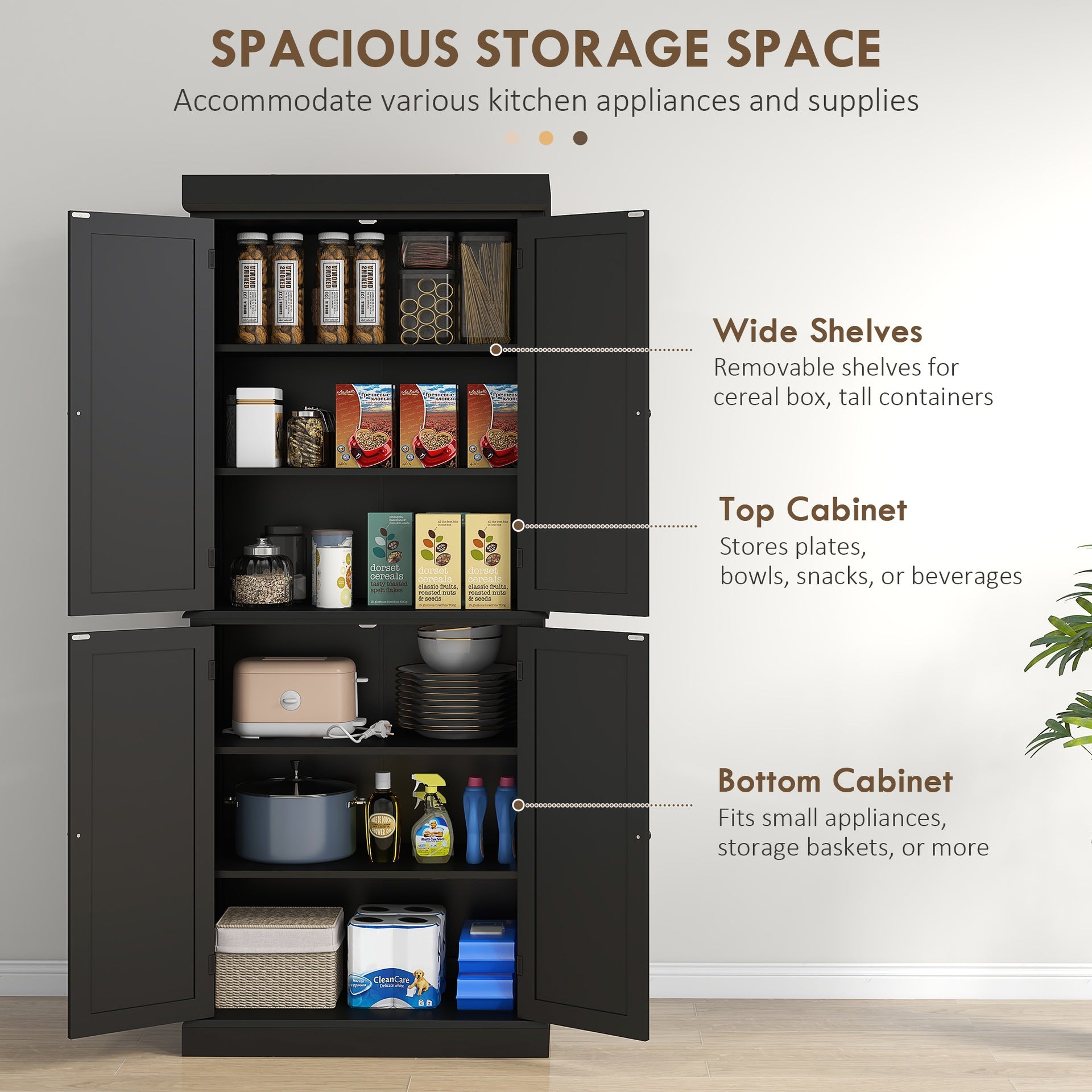 HOMCOM 72" Kitchen Cabinet, Pantry Storage Cabinet with Doors and Shelves, Freestanding Food Pantry Cabinet, Black