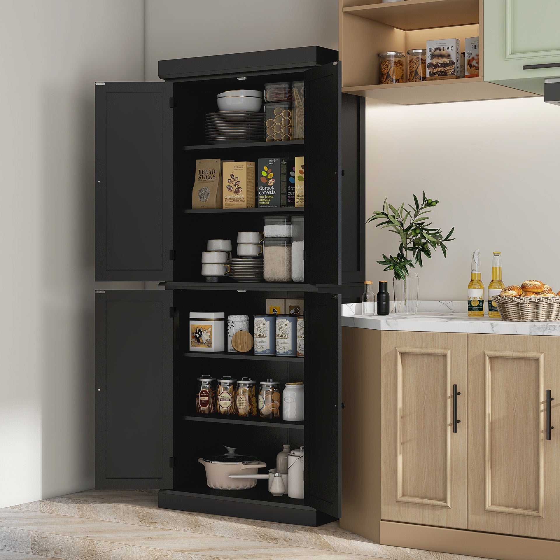 HOMCOM 72" Kitchen Cabinet, Pantry Storage Cabinet with Doors and Shelves, Freestanding Food Pantry Cabinet, Black