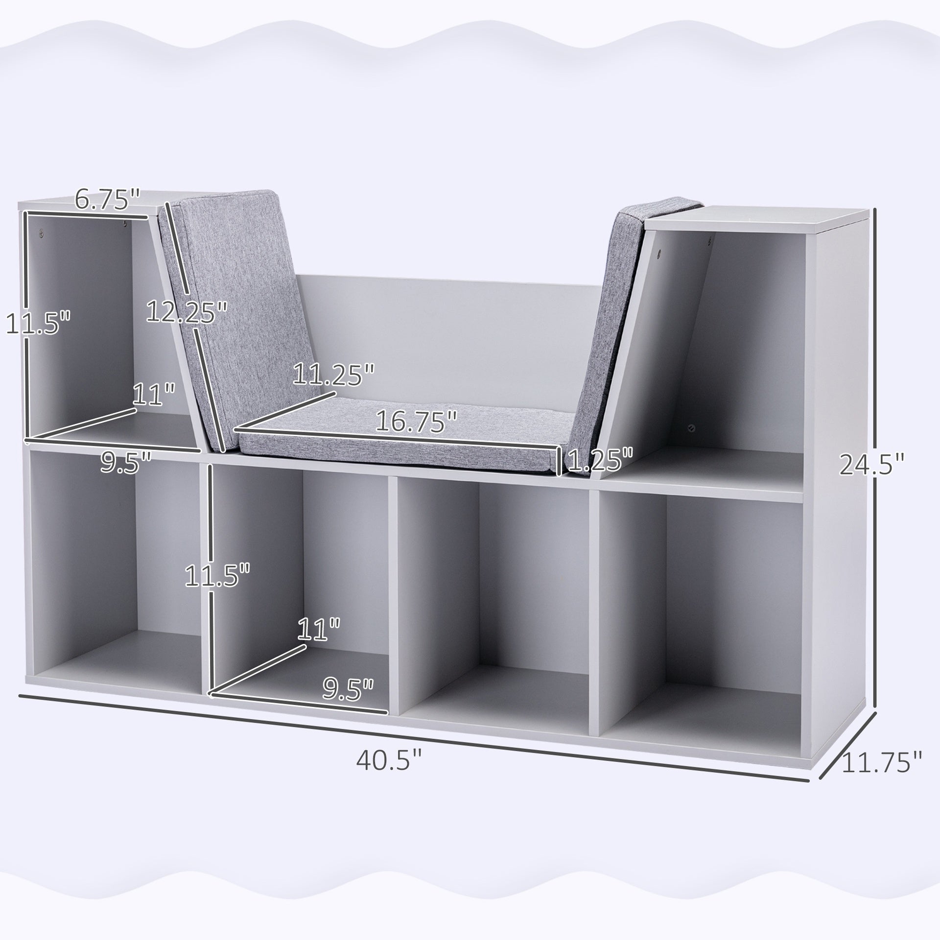 HOMCOM 6-Cubby Kids Bookcase with Reading Nook and Cushion, Multi-Purpose Storage Organizer for Bedroom, Living Room, Grey