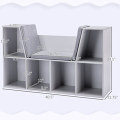 HOMCOM 6-Cubby Kids Bookcase with Reading Nook and Cushion, Multi-Purpose Storage Organizer for Bedroom, Living Room, Grey