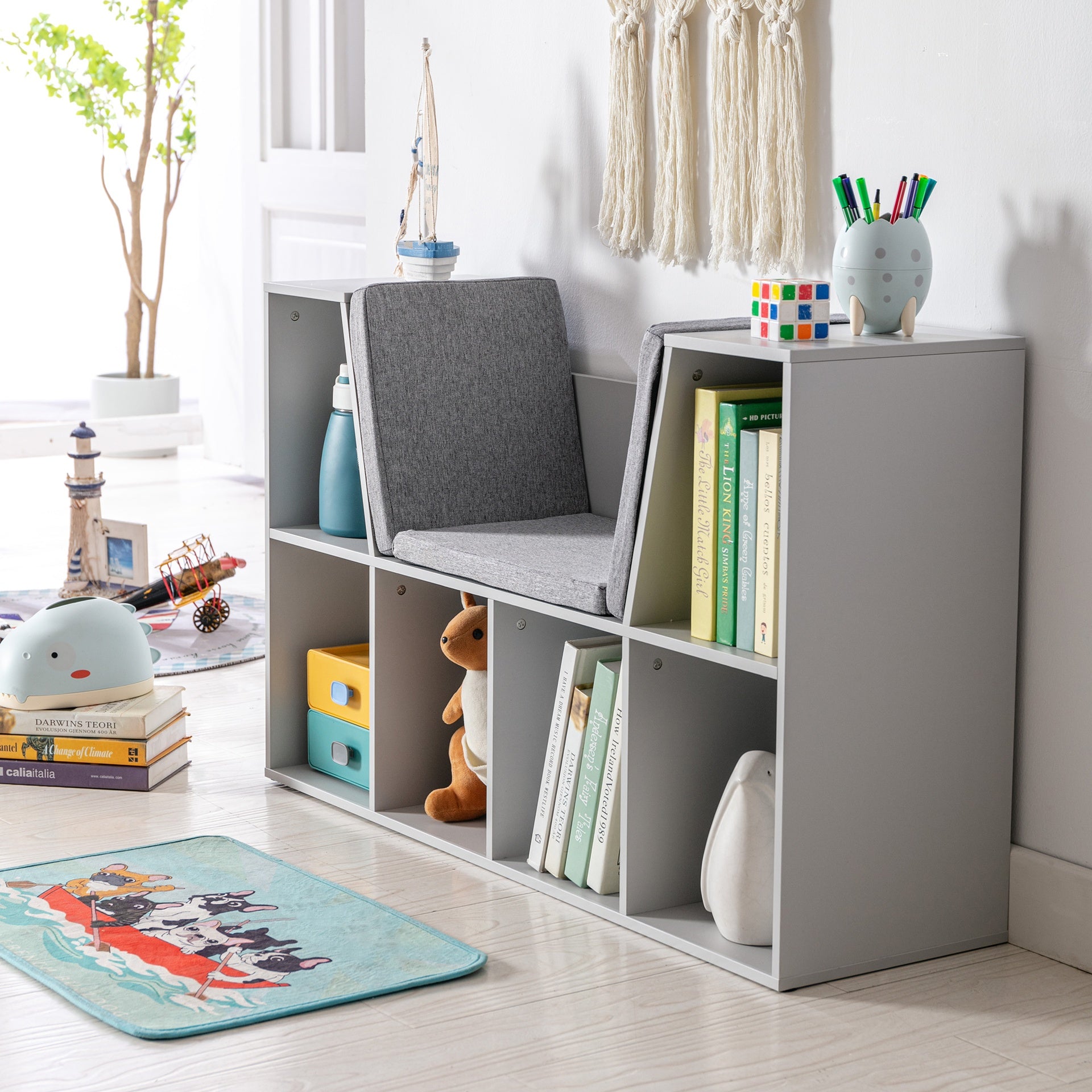 HOMCOM 6-Cubby Kids Bookcase with Reading Nook and Cushion, Multi-Purpose Storage Organizer for Bedroom, Living Room, Grey
