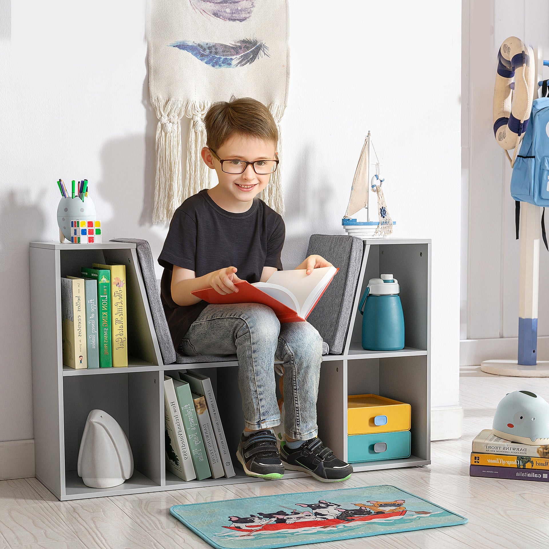 HOMCOM 6-Cubby Kids Bookcase with Reading Nook and Cushion, Multi-Purpose Storage Organizer for Bedroom, Living Room, Grey