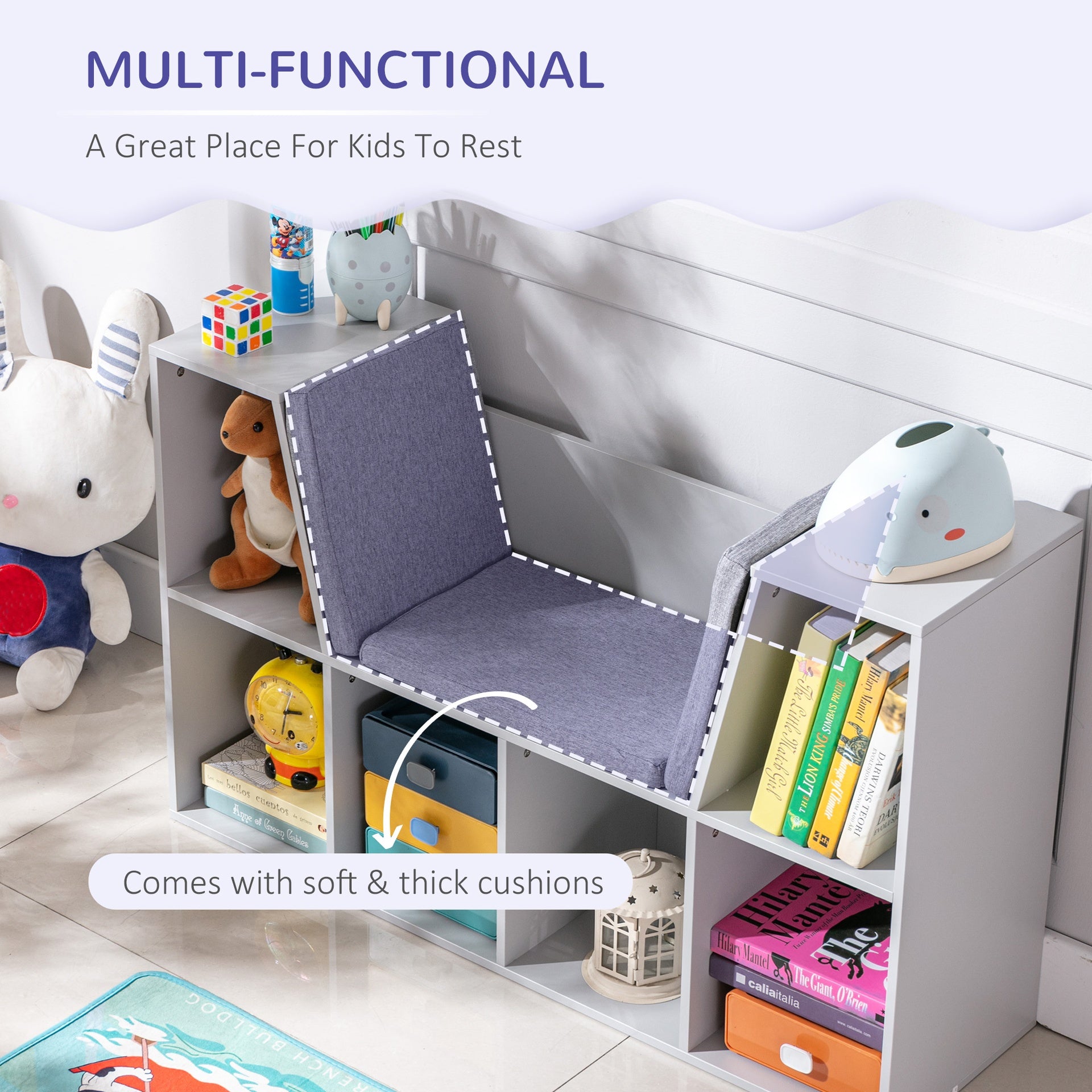 HOMCOM 6-Cubby Kids Bookcase with Reading Nook and Cushion, Multi-Purpose Storage Organizer for Bedroom, Living Room, Grey