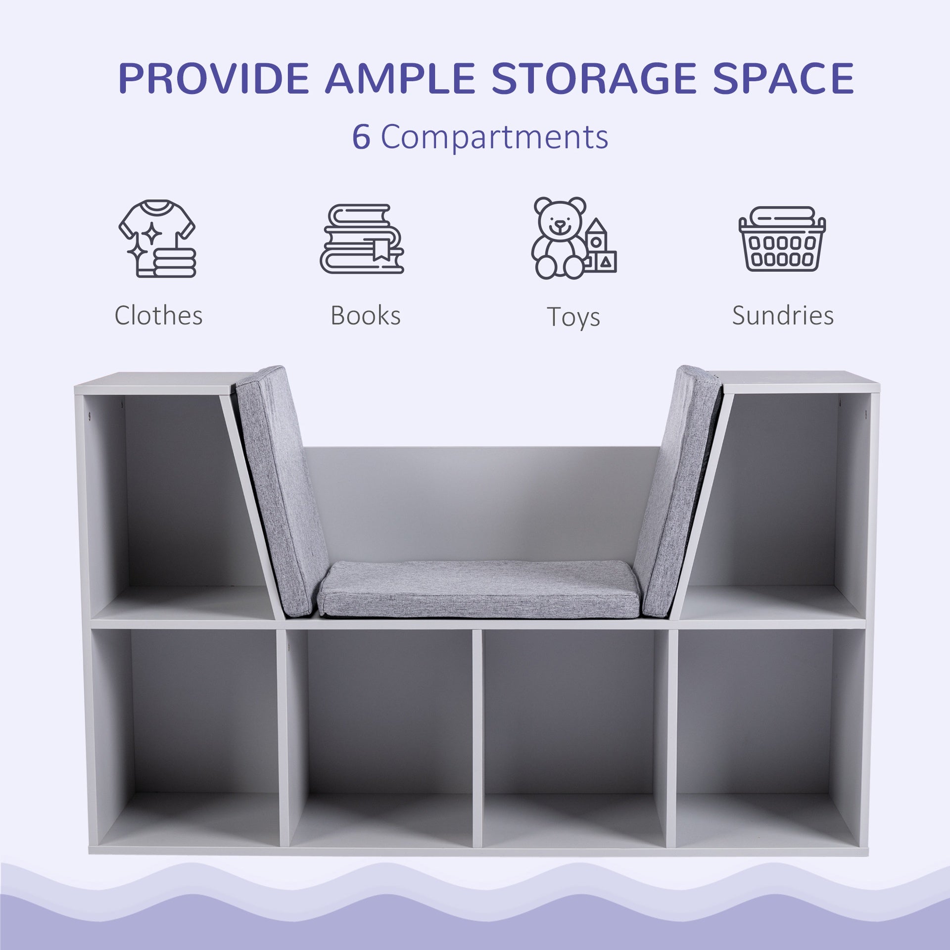 HOMCOM 6-Cubby Kids Bookcase with Reading Nook and Cushion, Multi-Purpose Storage Organizer for Bedroom, Living Room, Grey