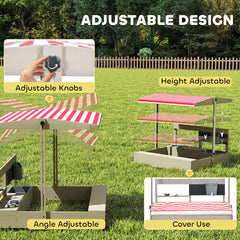 Outsunny Kids Sandbox with Height Adjustable Canopy, Wooden Sandbox Backyard Toy with Kitchen Playset Accessories, Outdoor Activity Gift for Girls and Boys, Ages 3-7