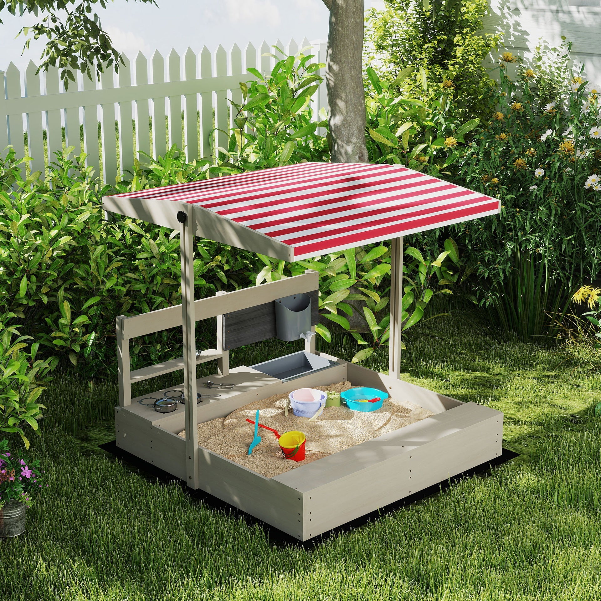 Outsunny Kids Sandbox with Height Adjustable Canopy, Wooden Sandbox Backyard Toy with Kitchen Playset Accessories, Outdoor Activity Gift for Girls and Boys, Ages 3-7