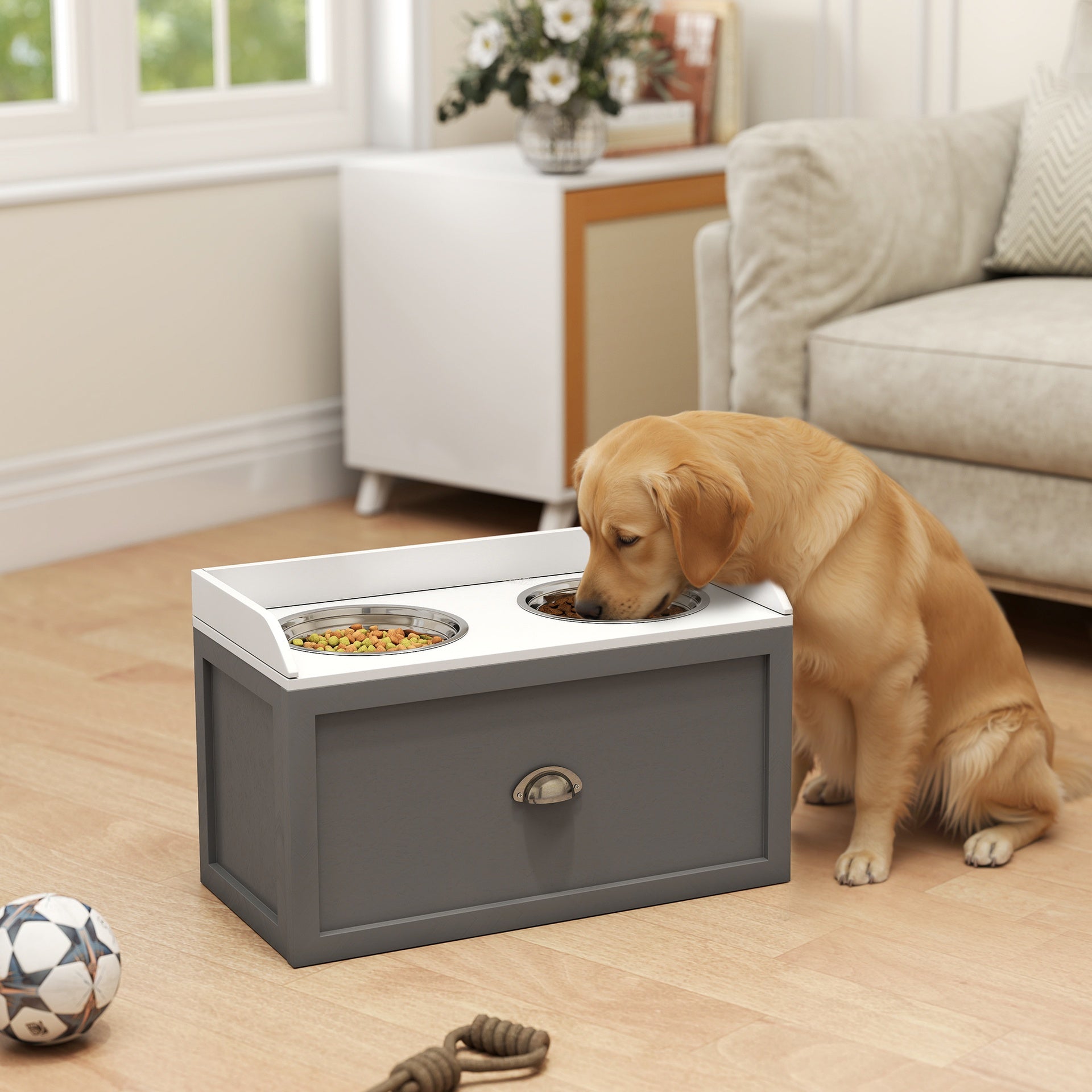 PawHut Pet Feeding Station Pet Dish Bowl Set with Storage, 2 Elevated Dog Bowls for Large Sized Dogs, Gray