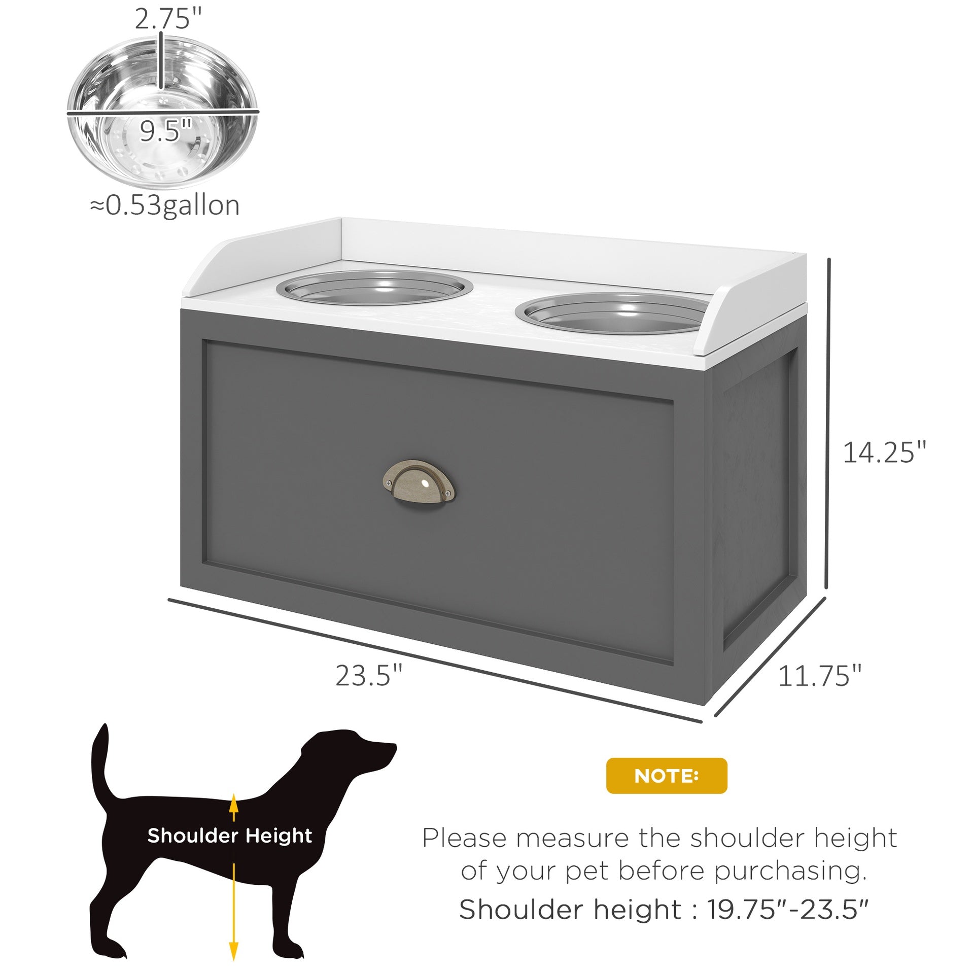 PawHut Pet Feeding Station Pet Dish Bowl Set with Storage, 2 Elevated Dog Bowls for Large Sized Dogs, Gray