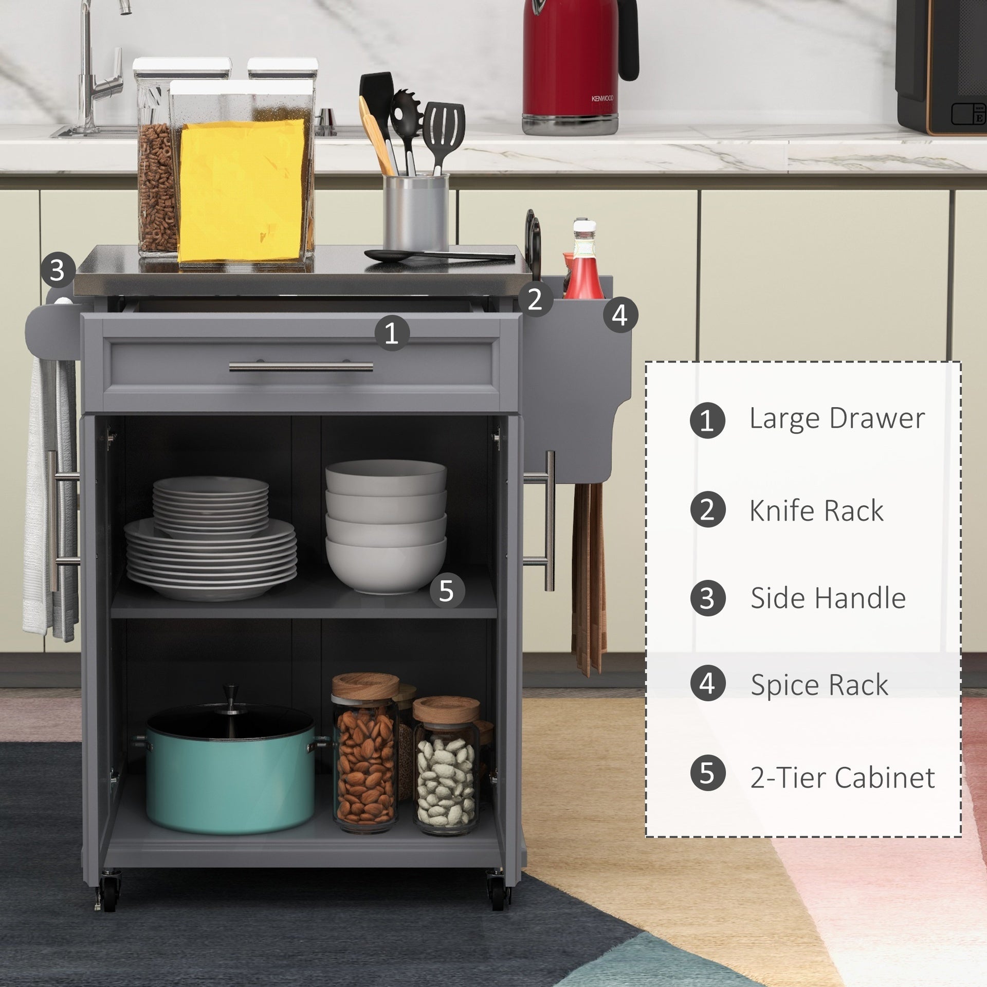 HOMCOM Kitchen Island on Wheels, Rolling Kitchen Cart with Stainless Steel Countertop, Drawer, Towel Rack and Spice Rack, Utility Storage Trolley, Gray