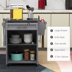 HOMCOM Kitchen Island on Wheels, Rolling Kitchen Cart with Stainless Steel Countertop, Drawer, Towel Rack and Spice Rack, Utility Storage Trolley, Gray