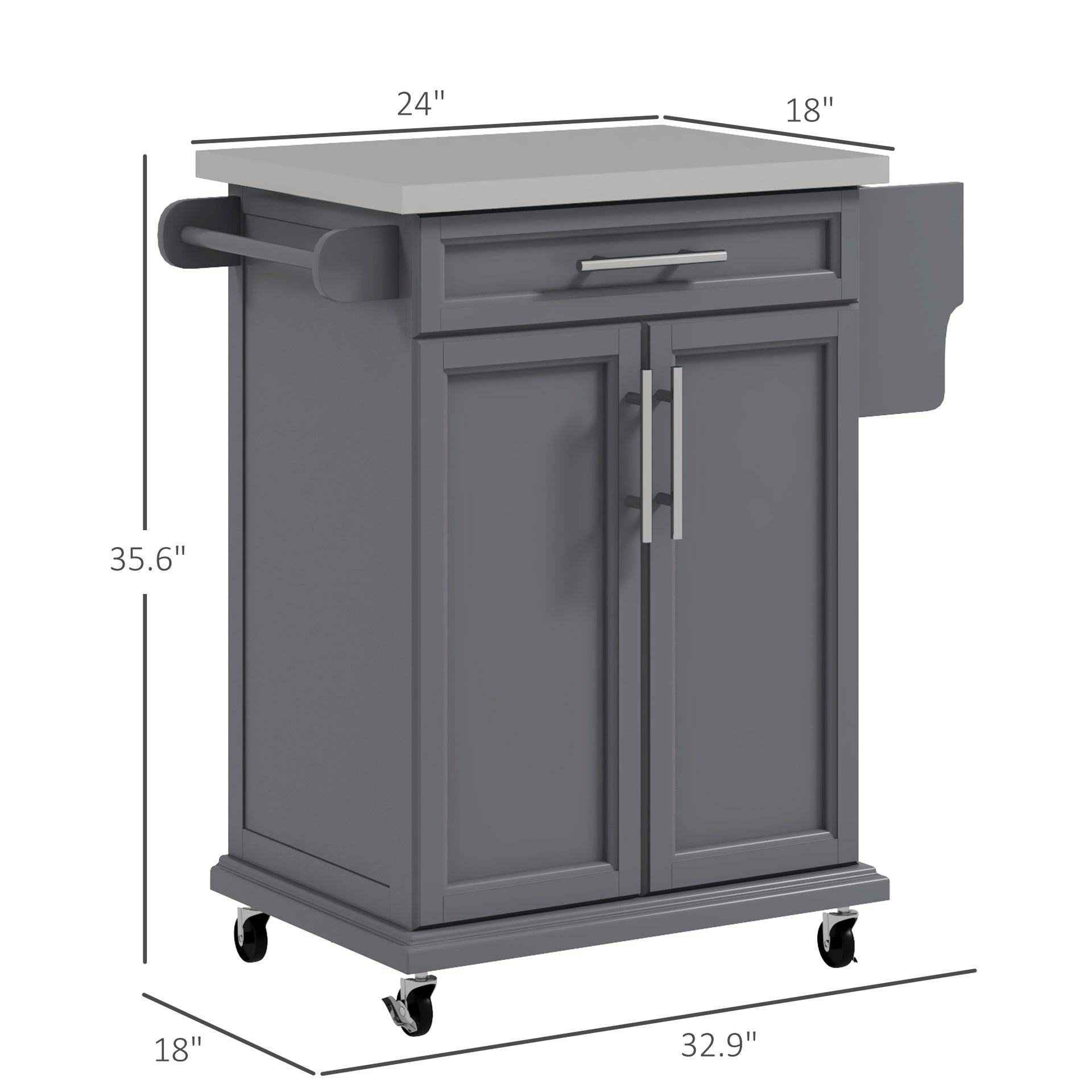 HOMCOM Kitchen Island on Wheels, Rolling Kitchen Cart with Stainless Steel Countertop, Drawer, Towel Rack and Spice Rack, Utility Storage Trolley, Gray