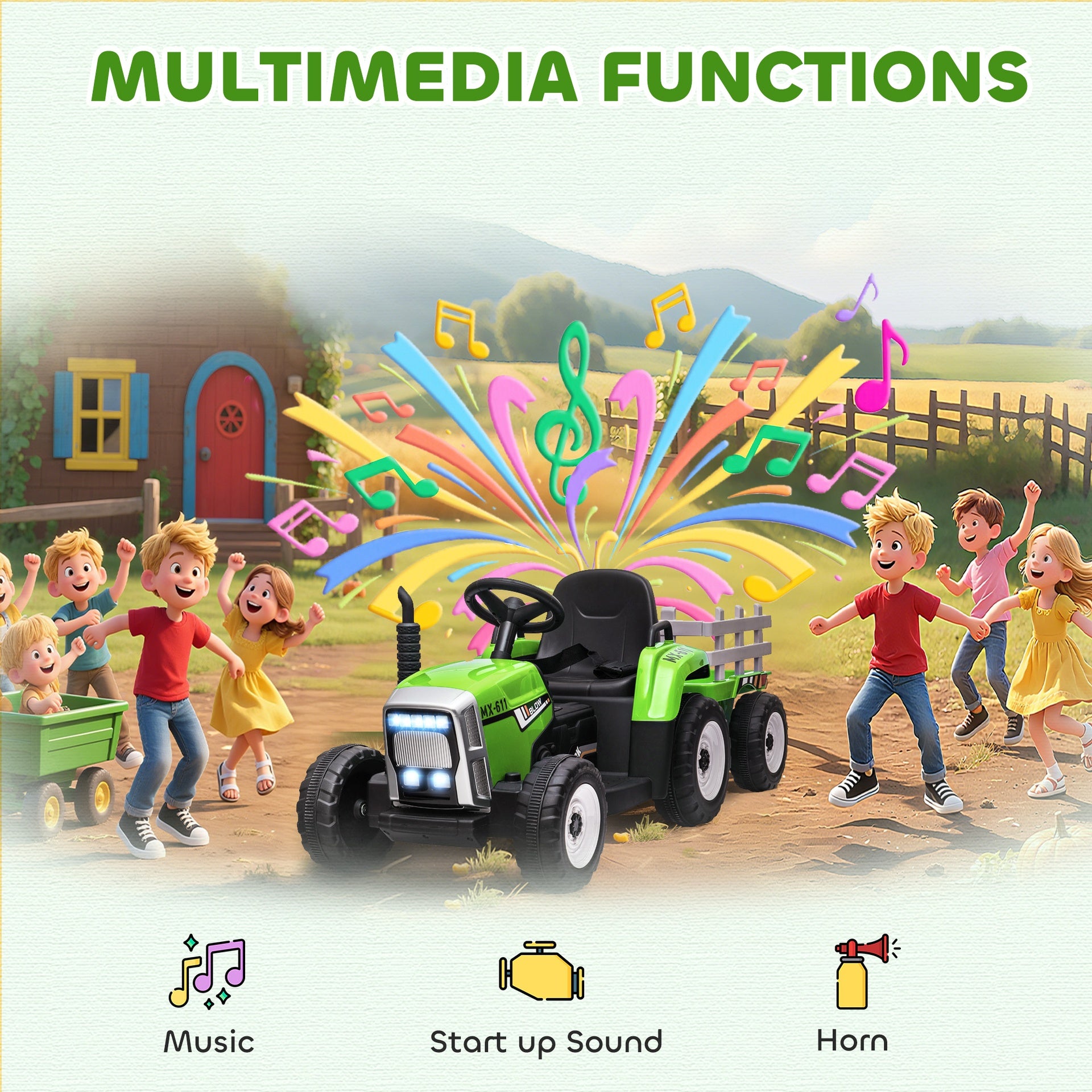 Aosom 12V Ride on Tractor with Trailer, 25W Dual Motors, Battery Powered Electric Tractor with Remote Control, Music Startup Sound and Horn, LED Lights, Green