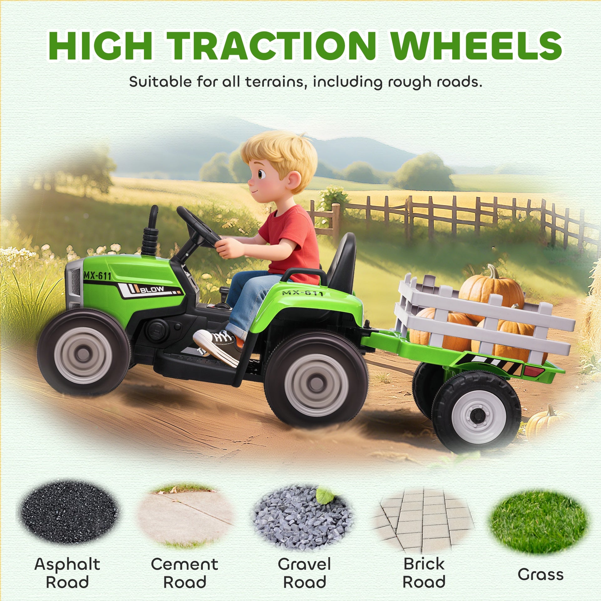 Aosom 12V Ride on Tractor with Trailer, 25W Dual Motors, Battery Powered Electric Tractor with Remote Control, Music Startup Sound and Horn, LED Lights, Green
