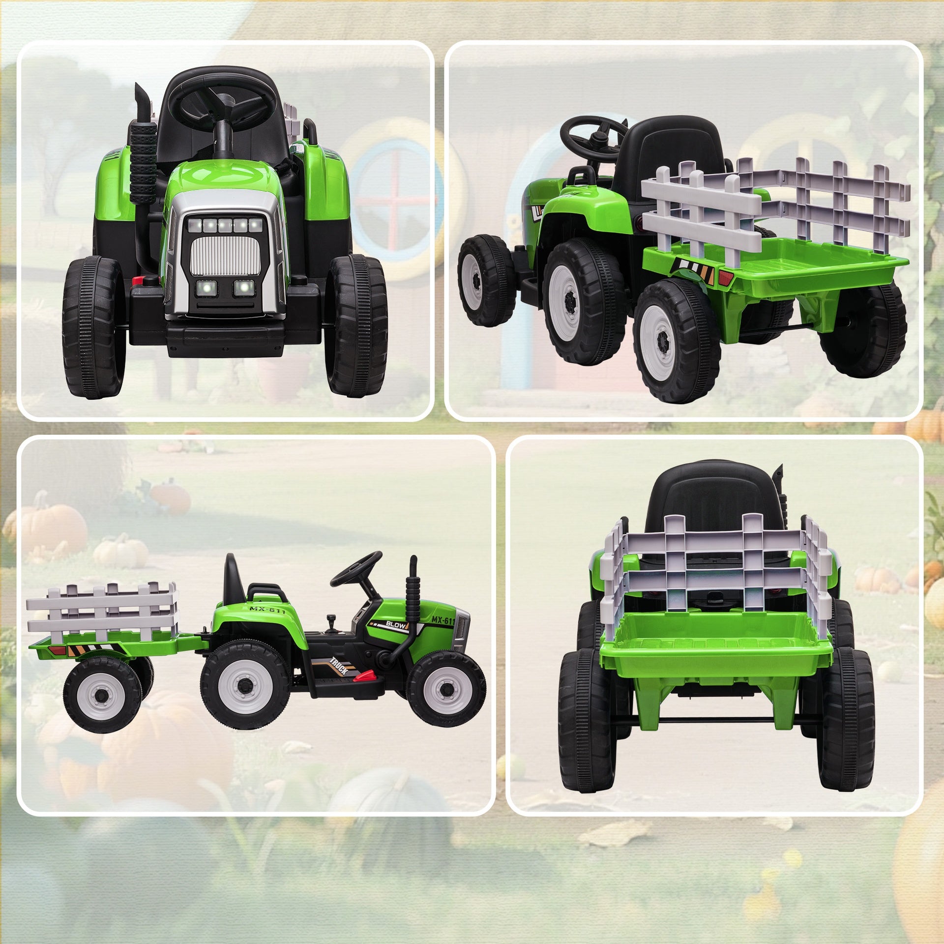 Aosom 12V Ride on Tractor with Trailer, 25W Dual Motors, Battery Powered Electric Tractor with Remote Control, Music Startup Sound and Horn, LED Lights, Green