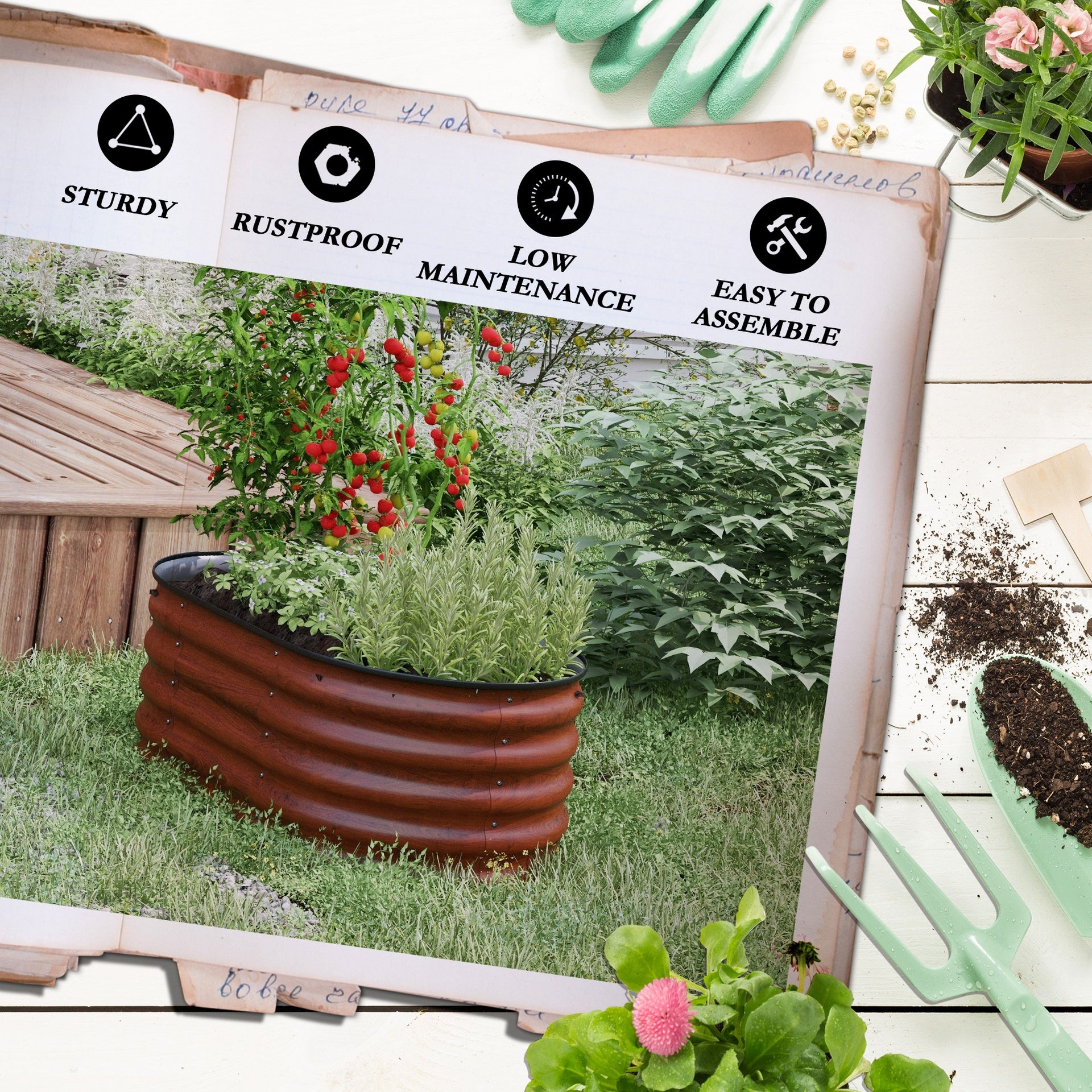Outsunny 3.4' x 2' x 1.4' Galvanized Raised Garden Bed Kit, Metal Planter Box with Safety Edging, Brown