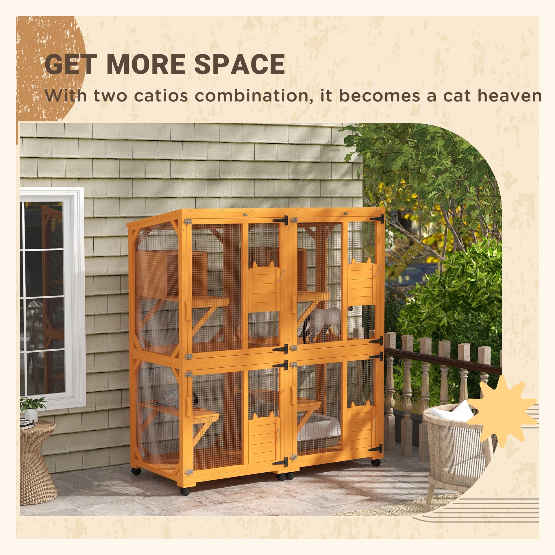 PawHut Large Cat House for 1-3 Cats on Wheels Wooden Catio Enclosure Orange