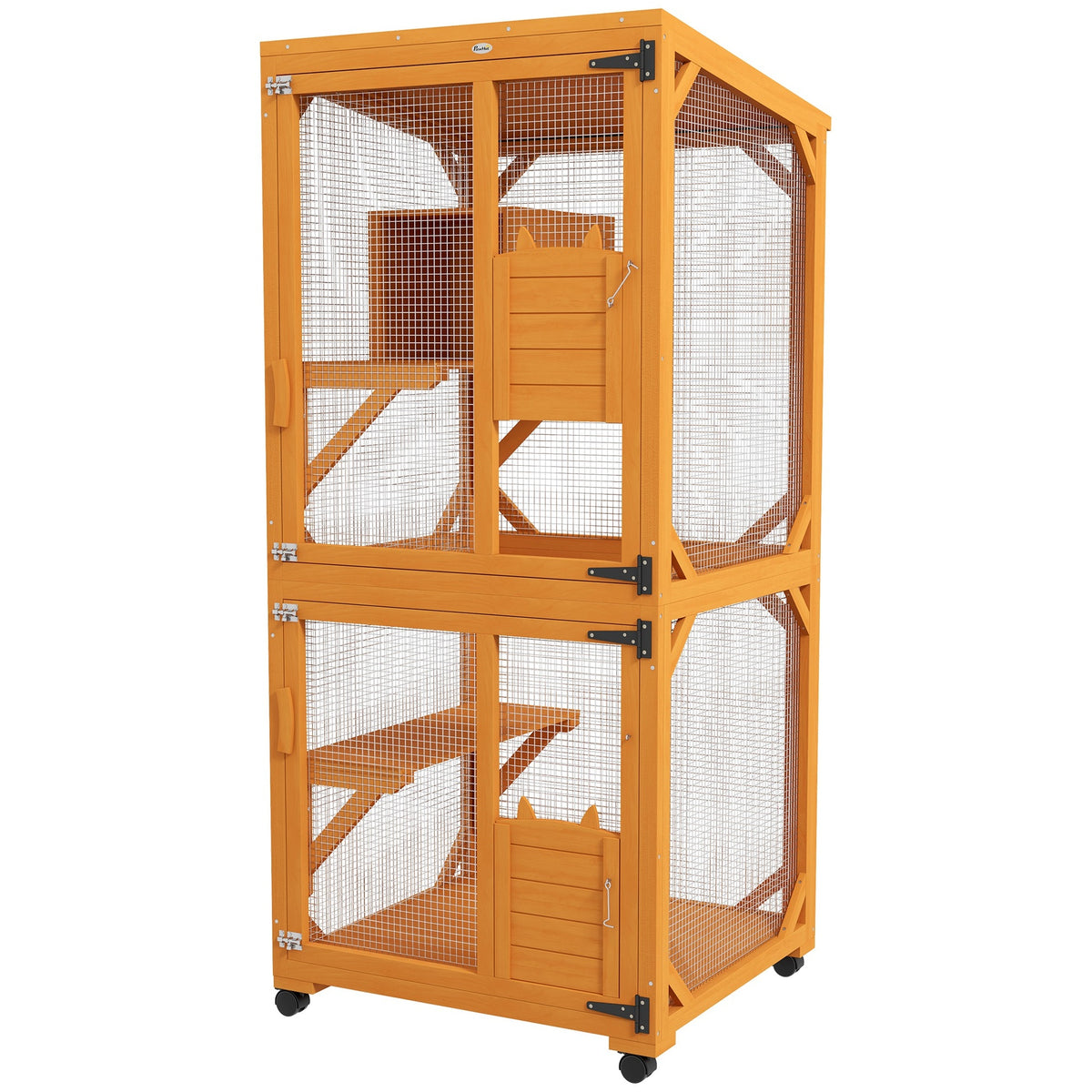 PawHut Large Cat House for 1-3 Cats on Wheels Wooden Catio Enclosure Orange
