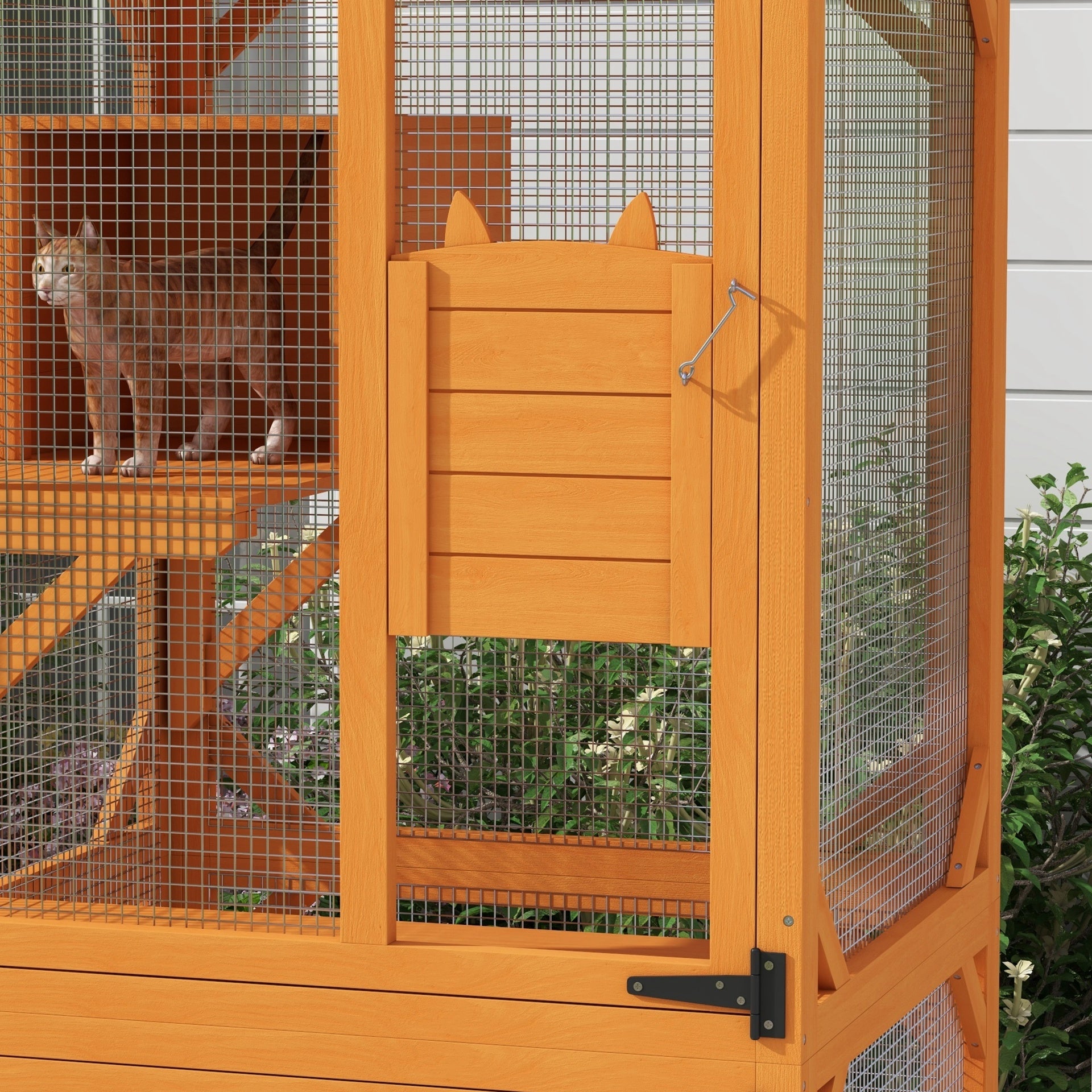 PawHut Large Cat House for 1-3 Cats on Wheels Wooden Catio Enclosure Orange