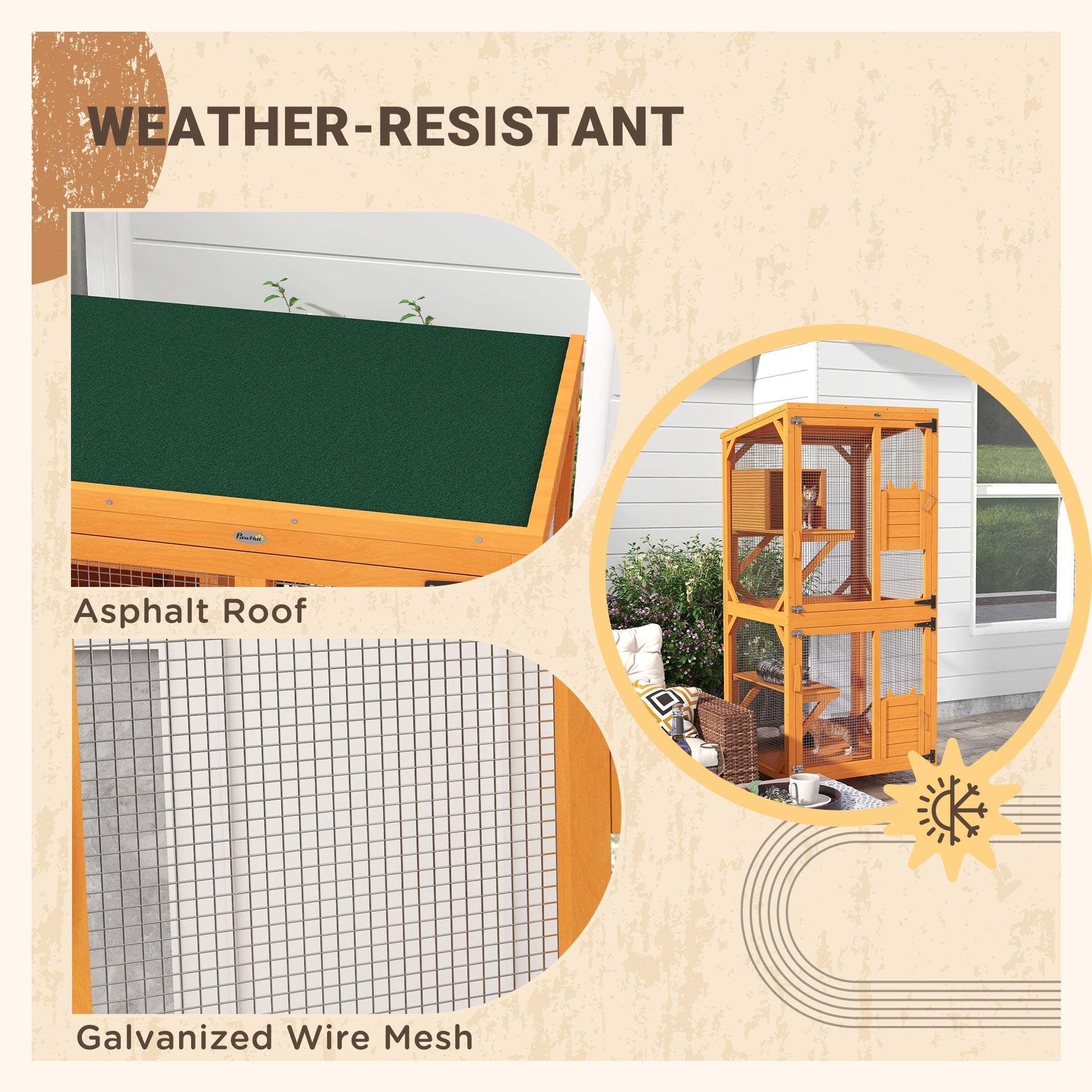 PawHut Large Cat House for 1-3 Cats on Wheels Wooden Catio Enclosure Orange