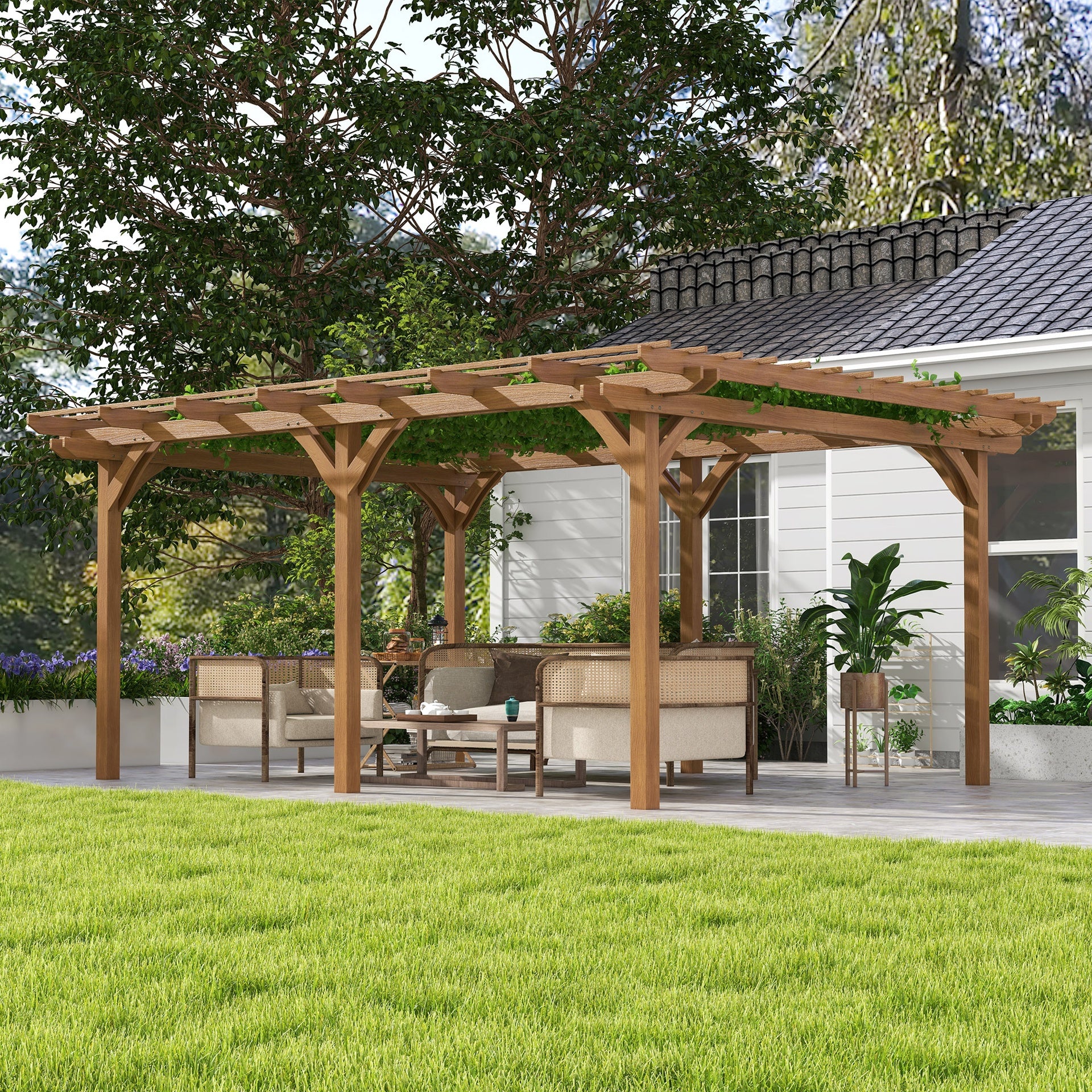 Outsunny 12' x 16' Outdoor Pergola Grape Trellis, Wood Gazebo for Climbing Plants at Garden, Patio, Backyard, Deck, Brown