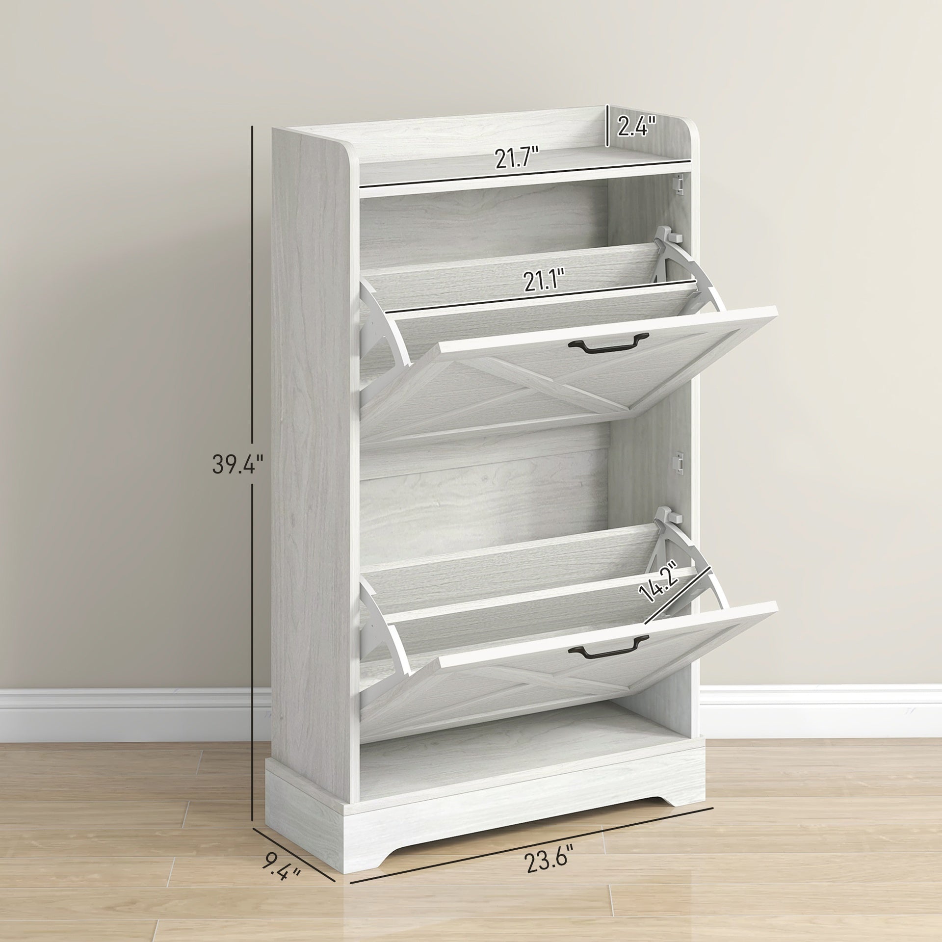 HOMCOM Slim Shoe Storage Cabinet, Farmhouse Shoe Cabinet with 2 Flip Drawers, Adjustable Shelves for 8 Pairs, Distressed White