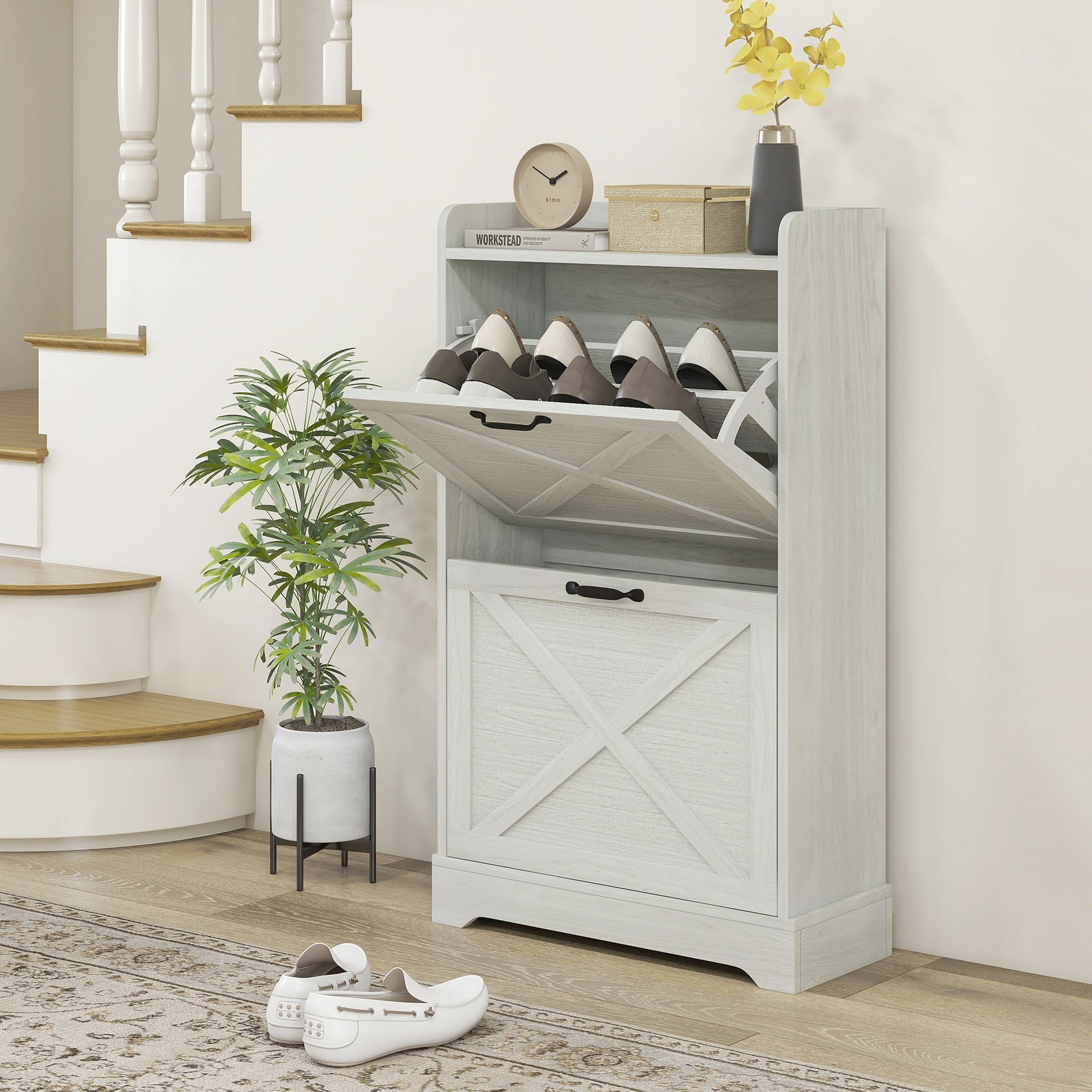 HOMCOM Slim Shoe Storage Cabinet, Farmhouse Shoe Cabinet with 2 Flip Drawers, Adjustable Shelves for 8 Pairs, Distressed White