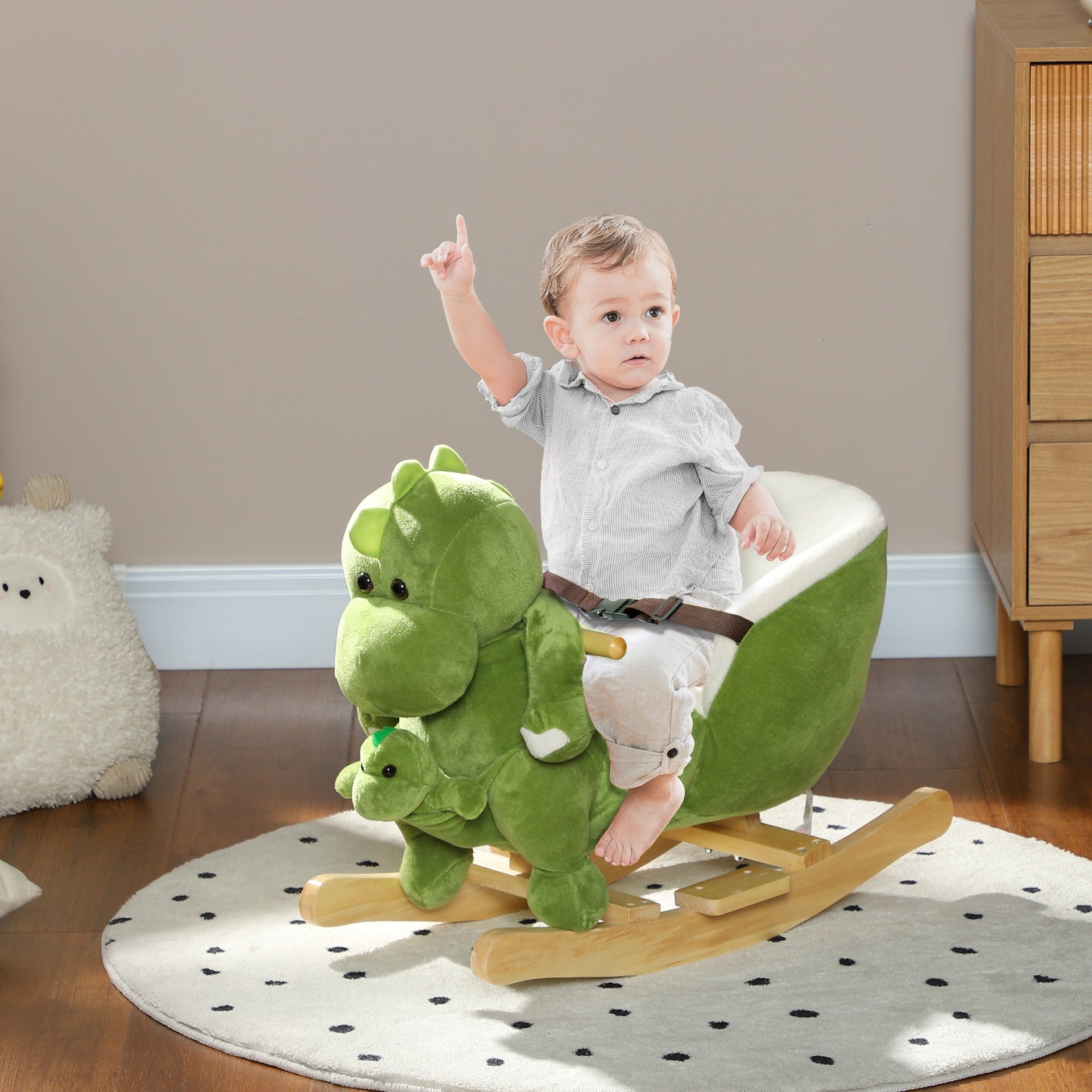 Qaba Rocking Horse, Ride on Dinosaur w/ Seat Belt, 32 Songs & Hand Puppet for 18-36 Months, Green