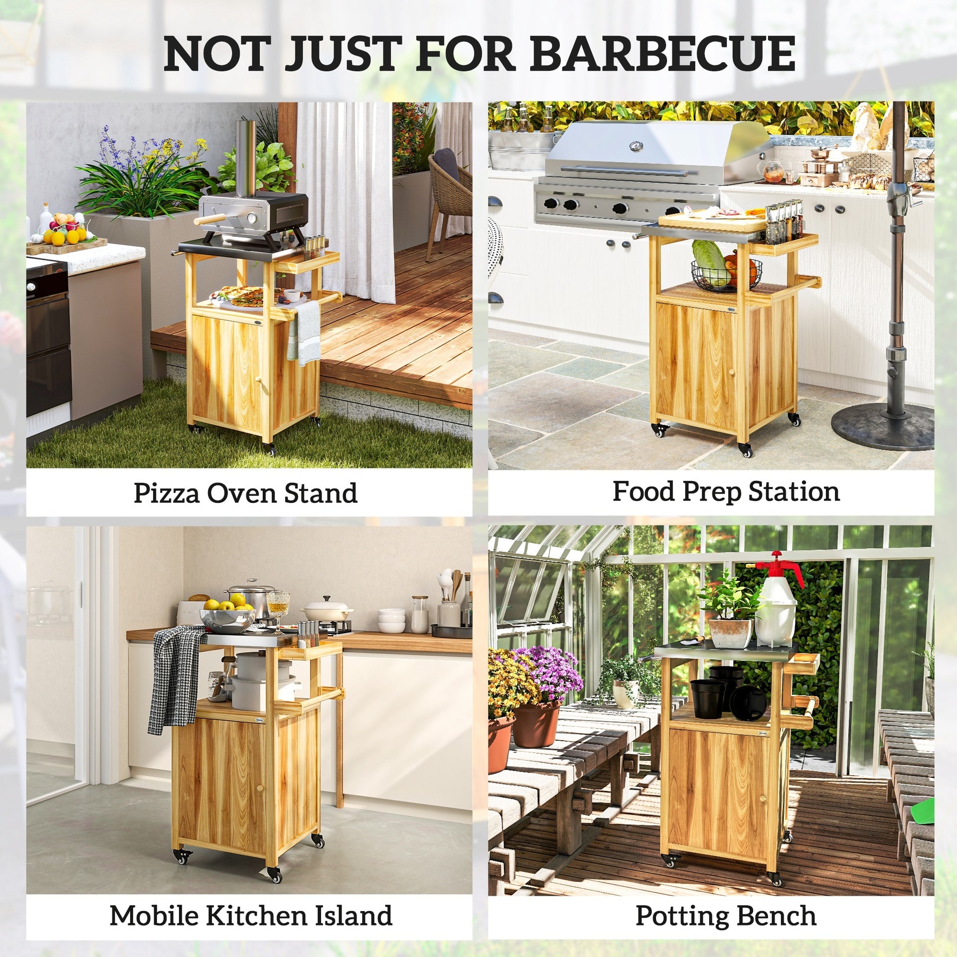 Outsunny Outdoor Grill Cart w/ Stainless Steel Top, Solid Wood Outdoor Kitchen Island w/ Wheels, Integrated Hole, Natural Wood