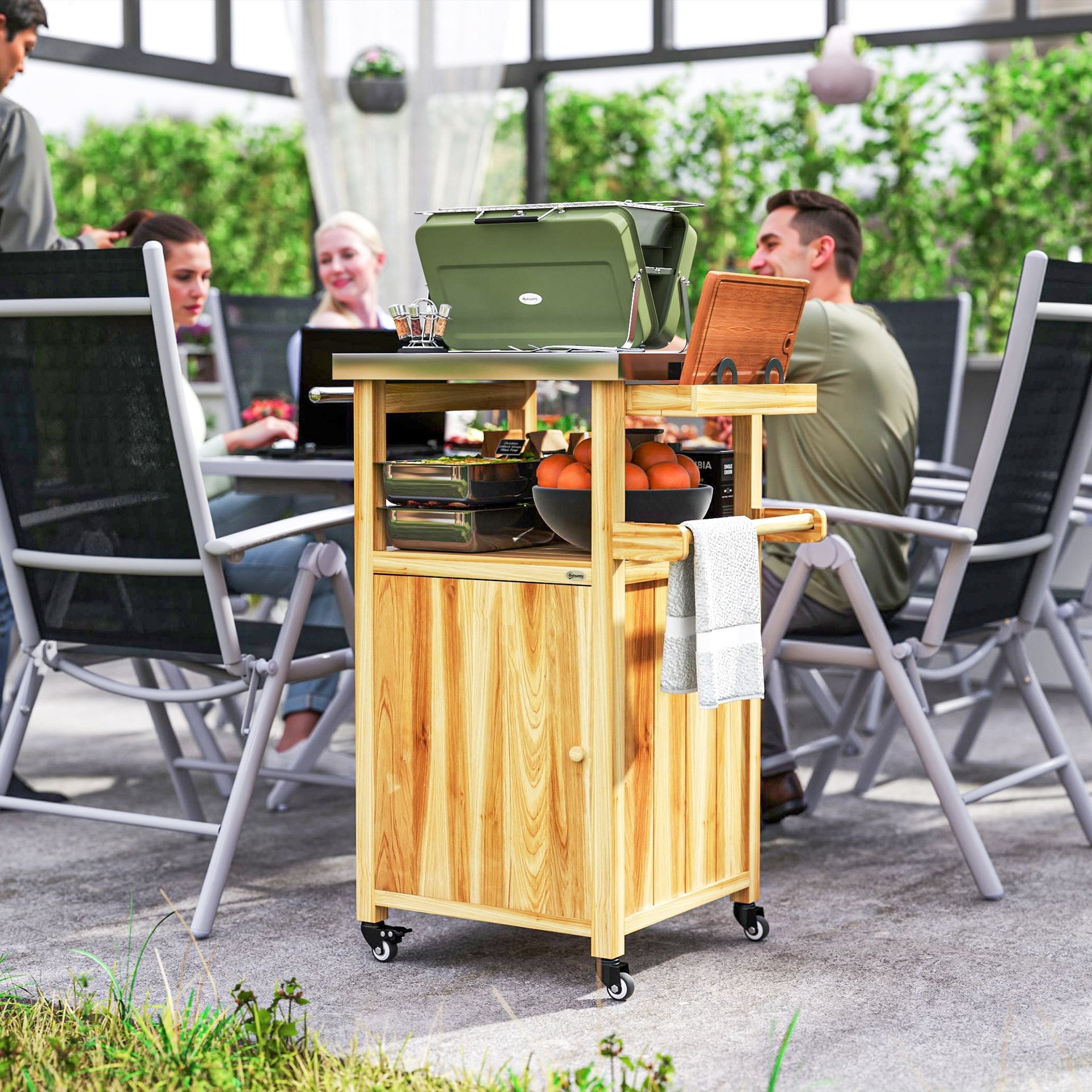 Outsunny Outdoor Grill Cart w/ Stainless Steel Top, Solid Wood Outdoor Kitchen Island w/ Wheels, Integrated Hole, Natural Wood