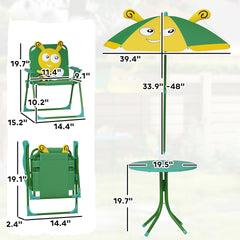 Qaba Kids Picnic Table and Chair Set, Outdoor Activity Table with Foldable Chairs, Height Adjustable Umbrella, Green