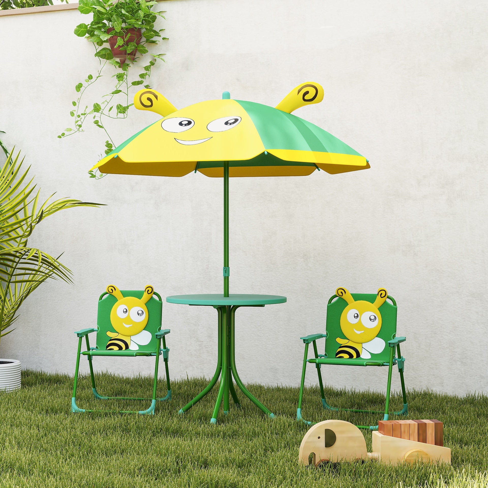 Qaba Kids Picnic Table and Chair Set, Outdoor Activity Table with Foldable Chairs, Height Adjustable Umbrella, Green