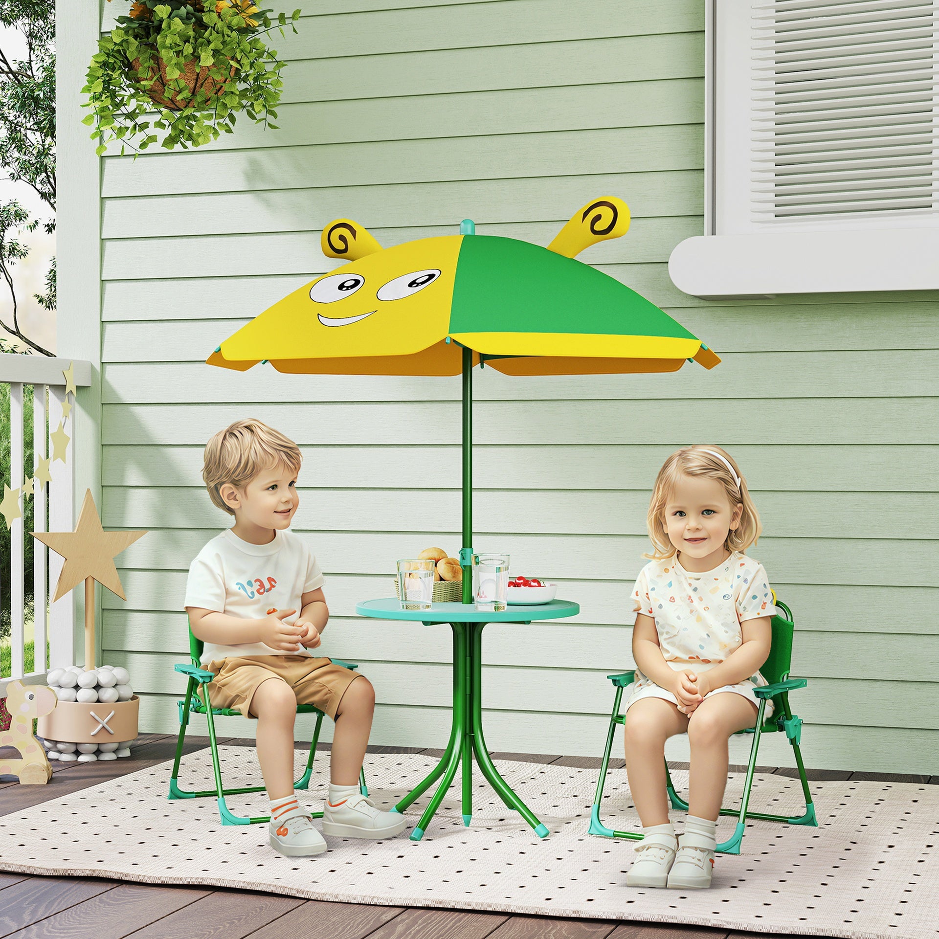 Qaba Kids Picnic Table and Chair Set, Outdoor Activity Table with Foldable Chairs, Height Adjustable Umbrella, Green