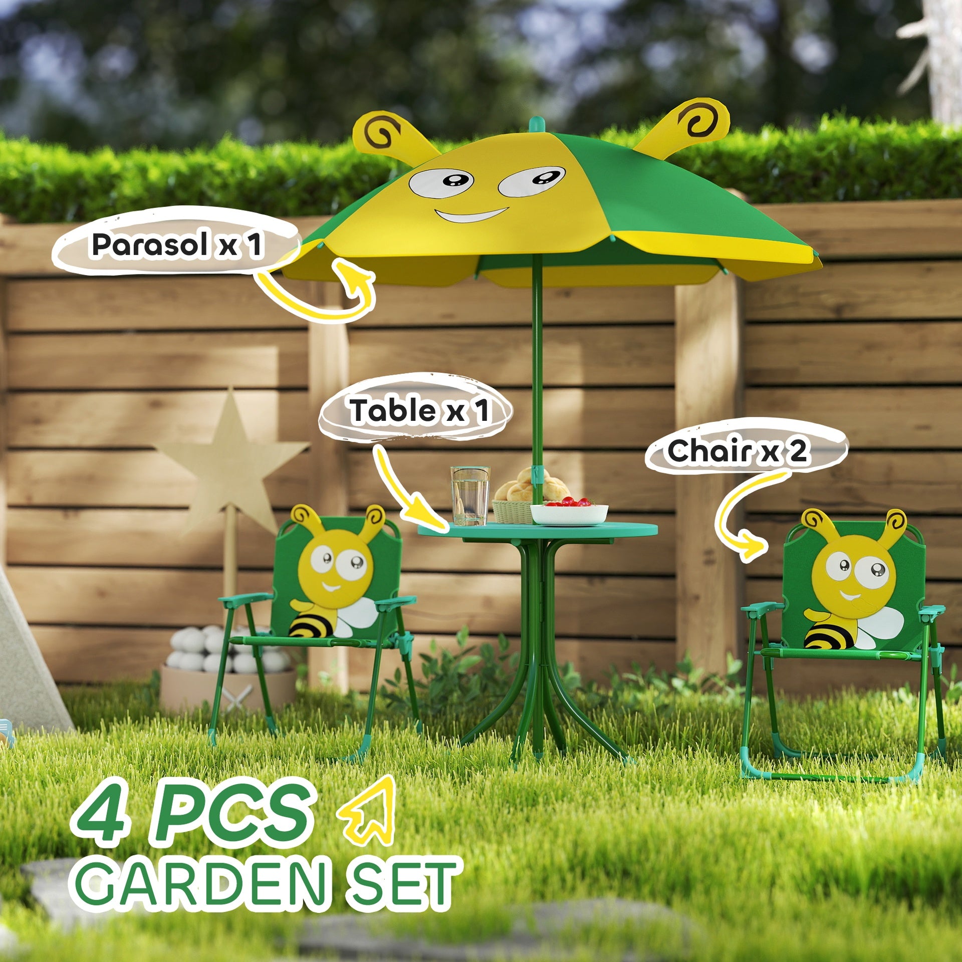 Qaba Kids Picnic Table and Chair Set, Outdoor Activity Table with Foldable Chairs, Height Adjustable Umbrella, Green