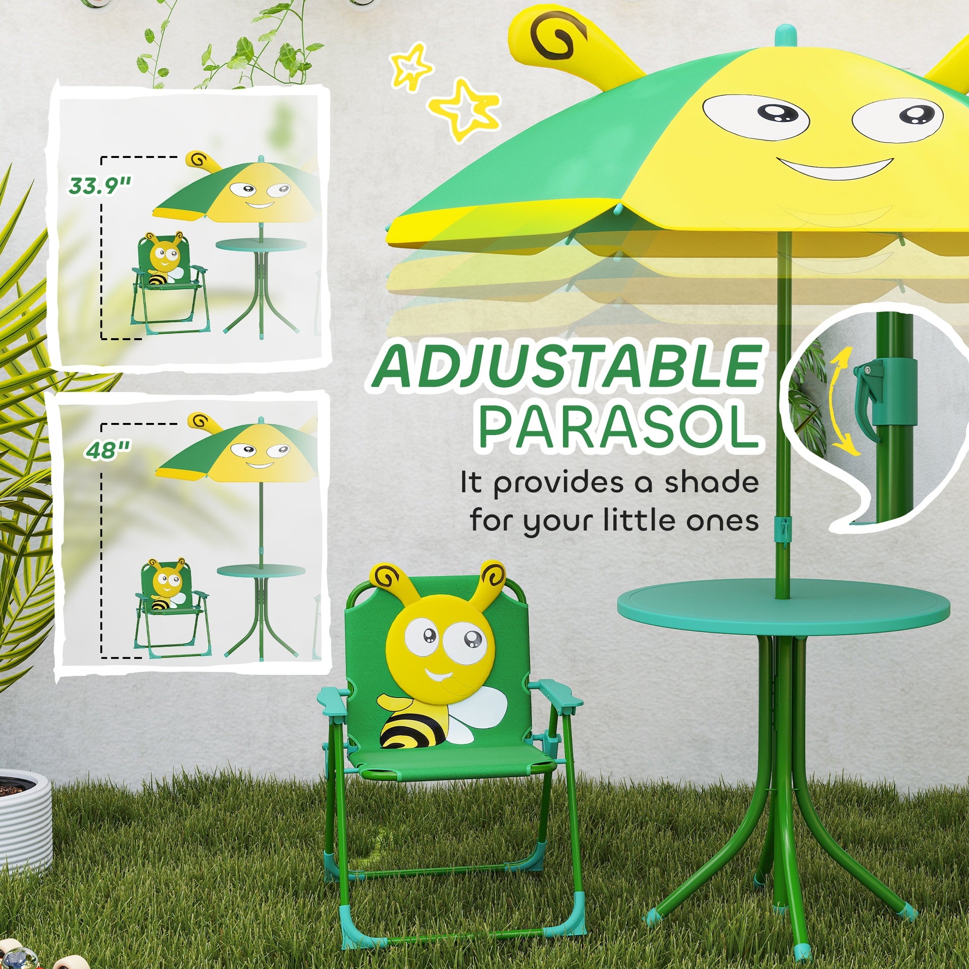 Qaba Kids Picnic Table and Chair Set, Outdoor Activity Table with Foldable Chairs, Height Adjustable Umbrella, Green