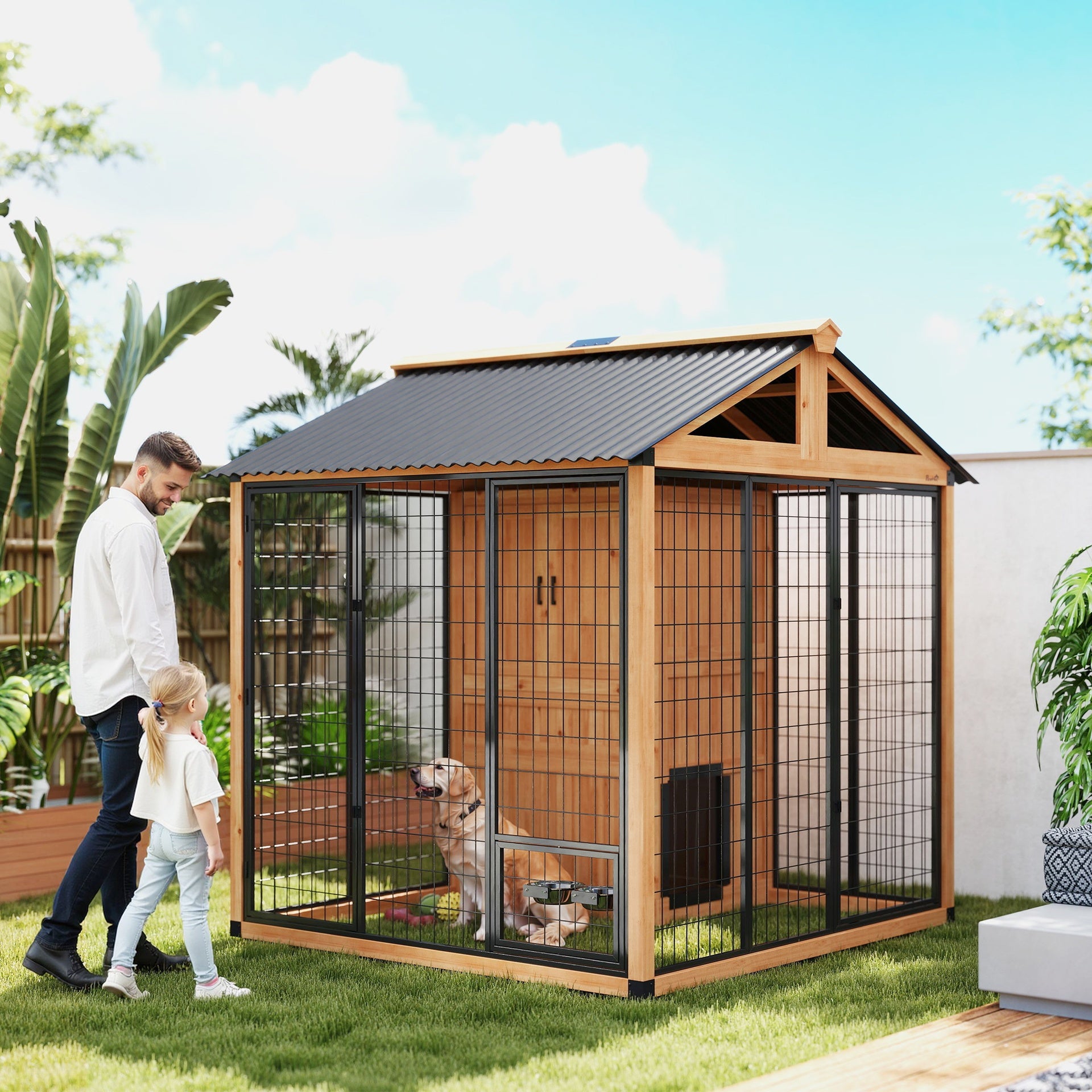 PawHut 7' x 6' Extra Large Dog House, Wood Outdoor Dog Kennel with Storage Cabinet, Stainless Steel Bowls, Light Yellow