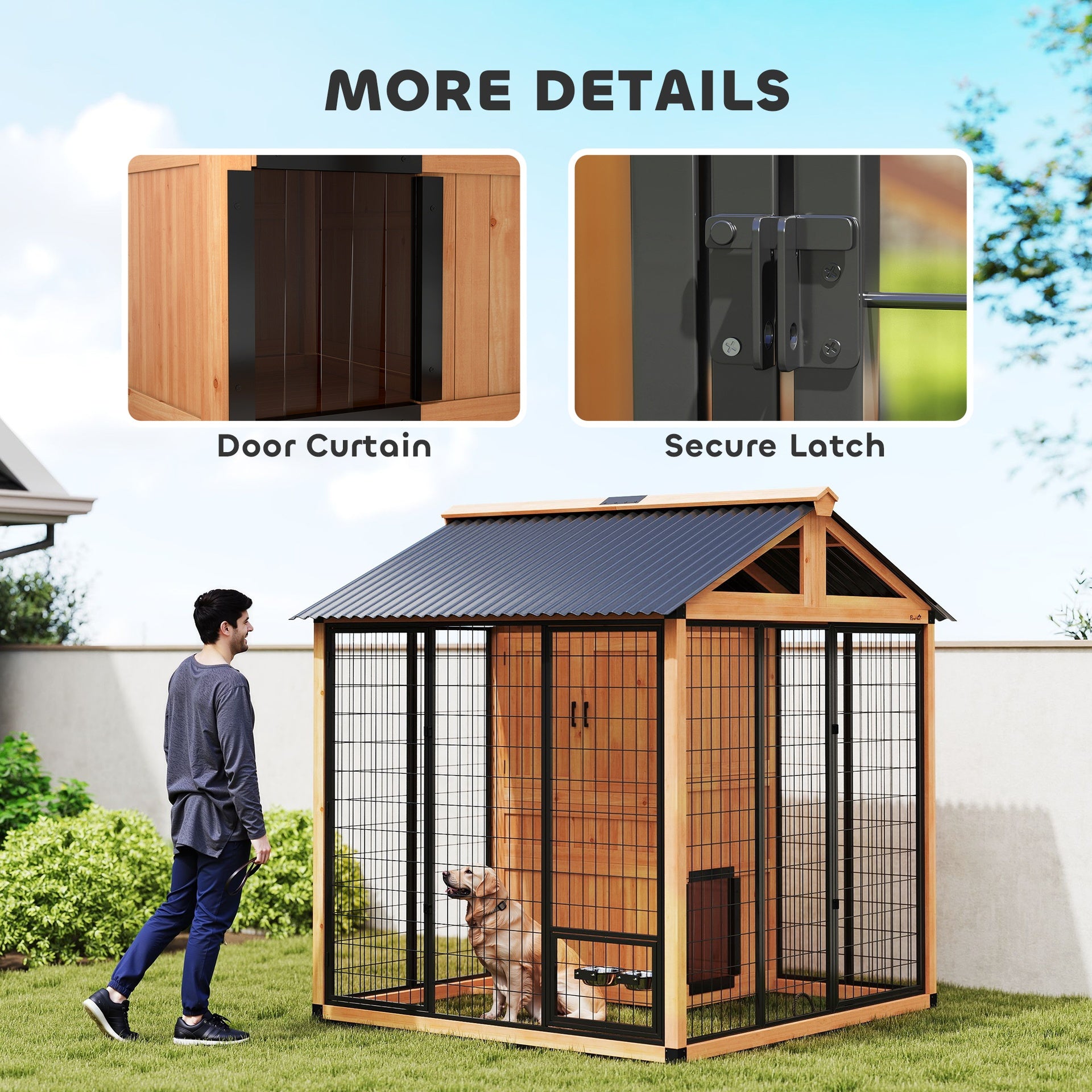 PawHut 7' x 6' Extra Large Dog House, Wood Outdoor Dog Kennel with Storage Cabinet, Stainless Steel Bowls, Light Yellow
