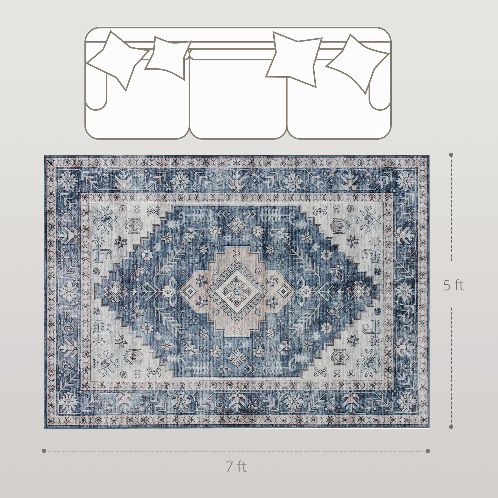 HOMCOM 5x7 Area Rug, Vintage Washable Rug, Non-Slip Floor Carpet for Living Room, Bedroom, Dining Room, Blue
