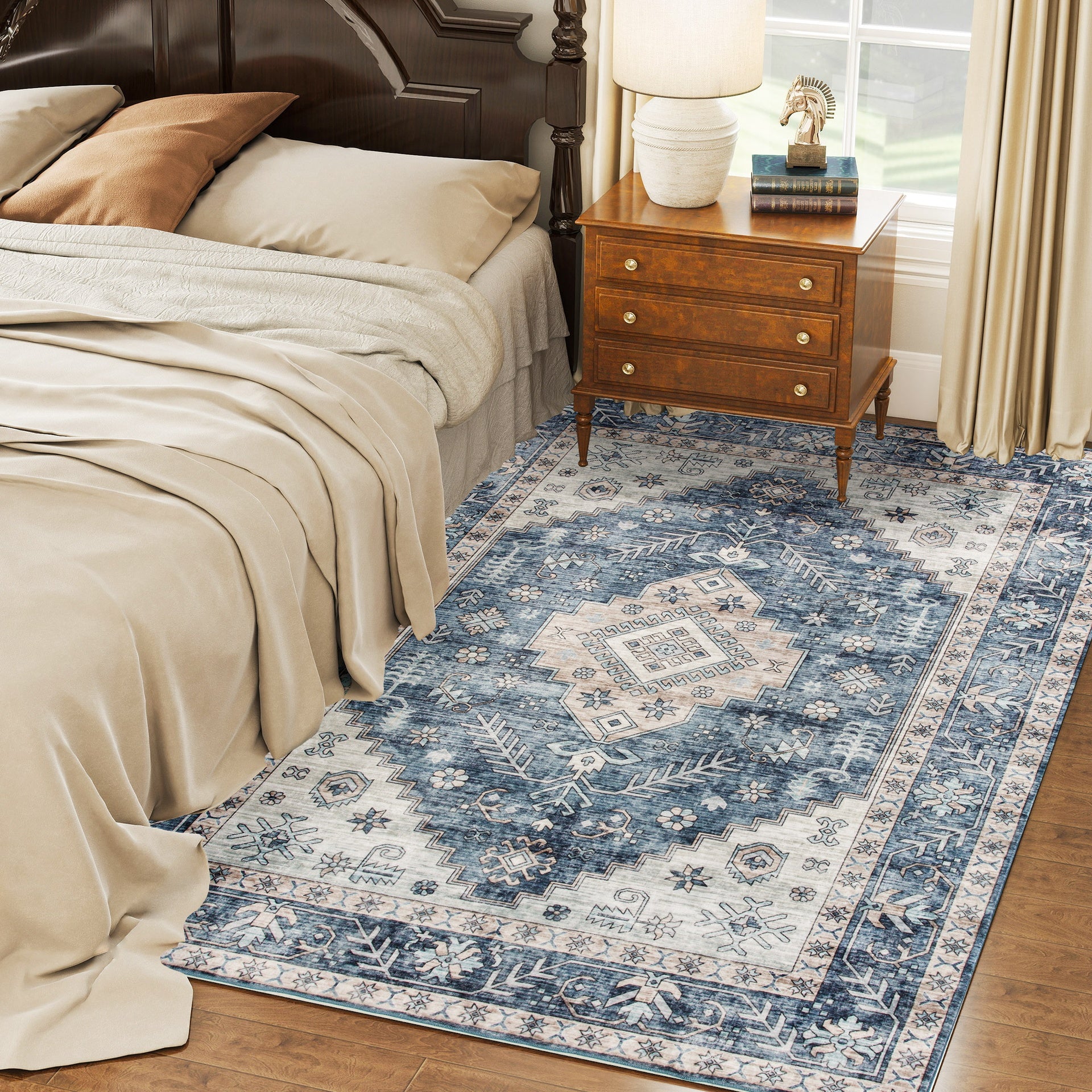 HOMCOM 5x7 Area Rug, Vintage Washable Rug, Non-Slip Floor Carpet for Living Room, Bedroom, Dining Room, Blue