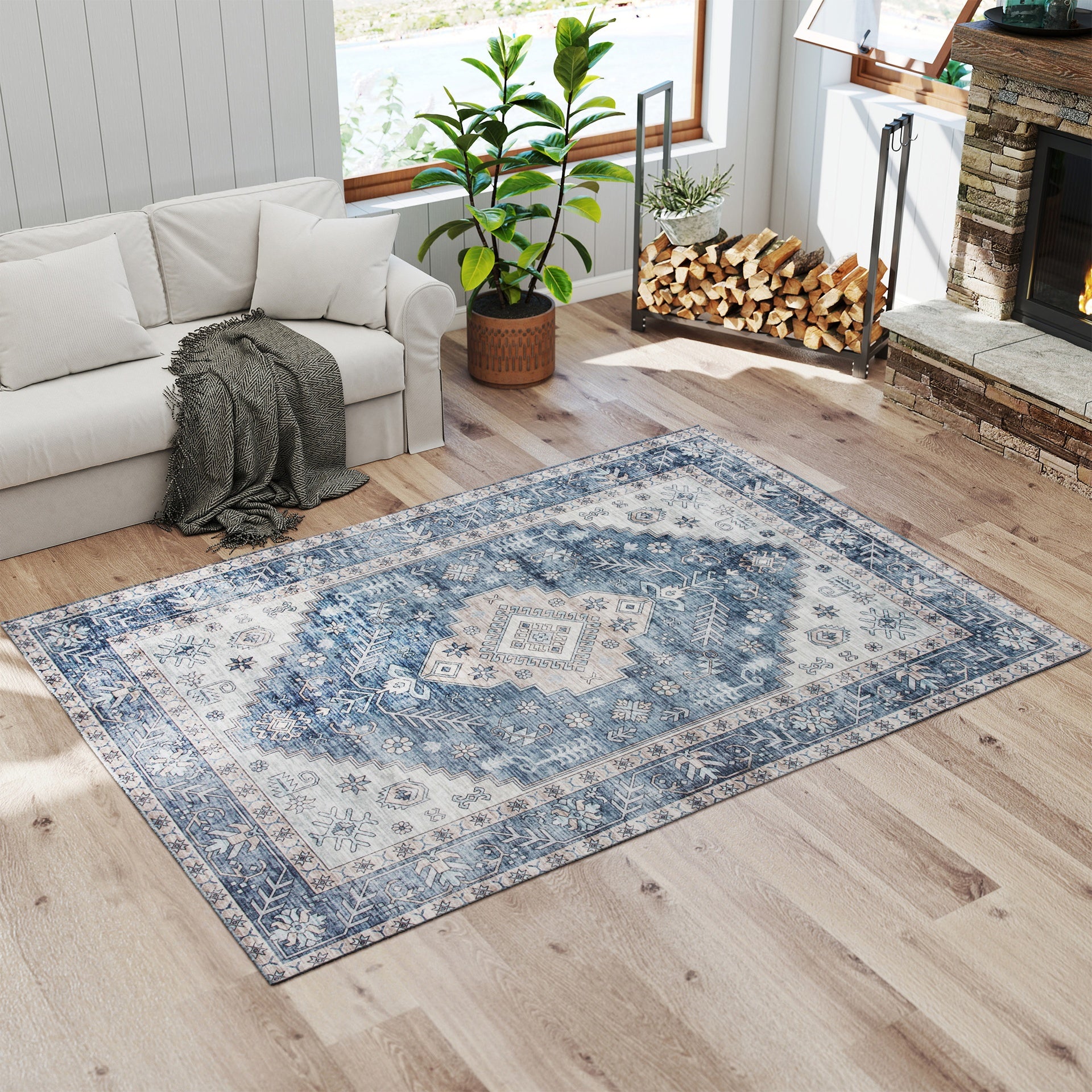 HOMCOM 5x7 Area Rug, Vintage Washable Rug, Non-Slip Floor Carpet for Living Room, Bedroom, Dining Room, Blue