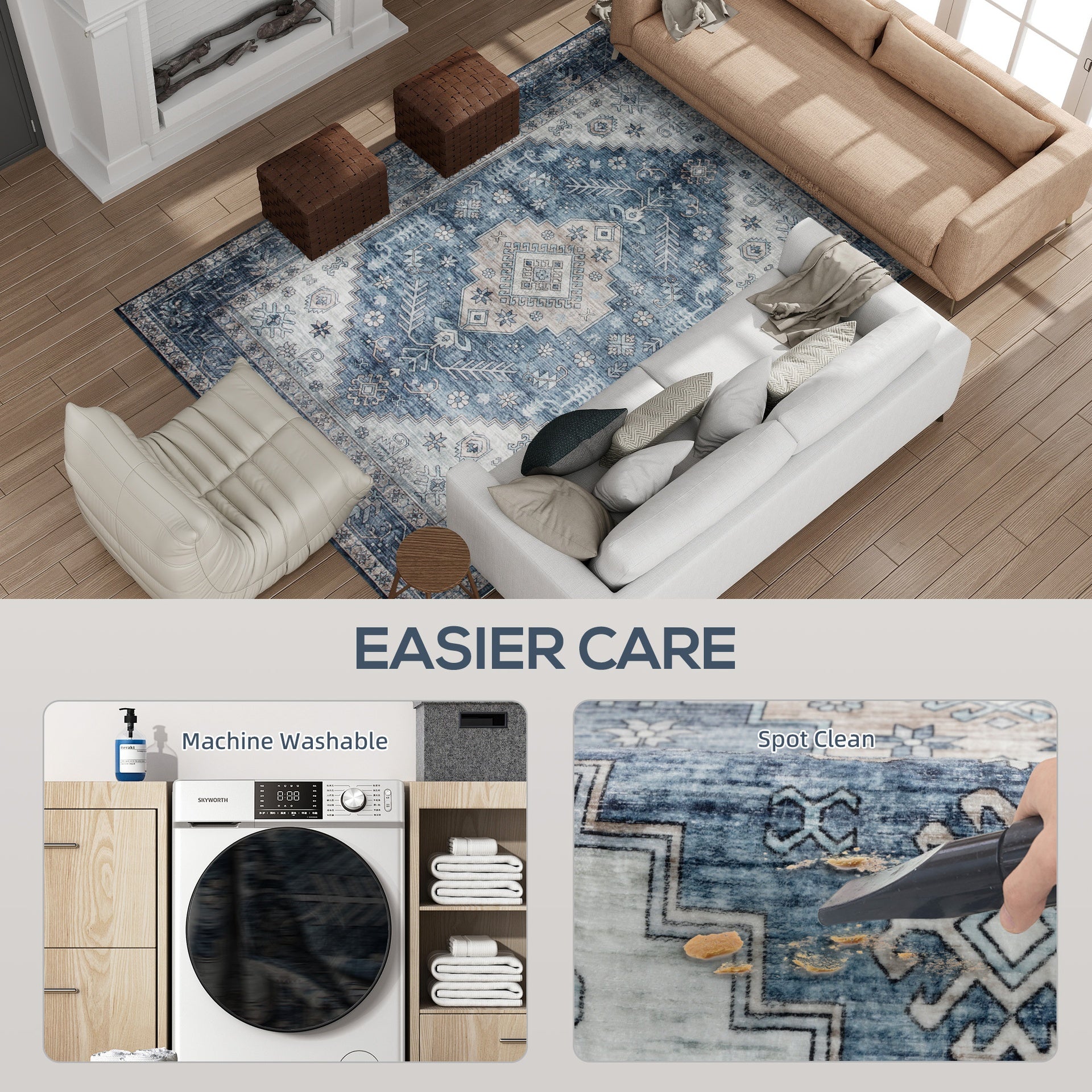 HOMCOM 5x7 Area Rug, Vintage Washable Rug, Non-Slip Floor Carpet for Living Room, Bedroom, Dining Room, Blue