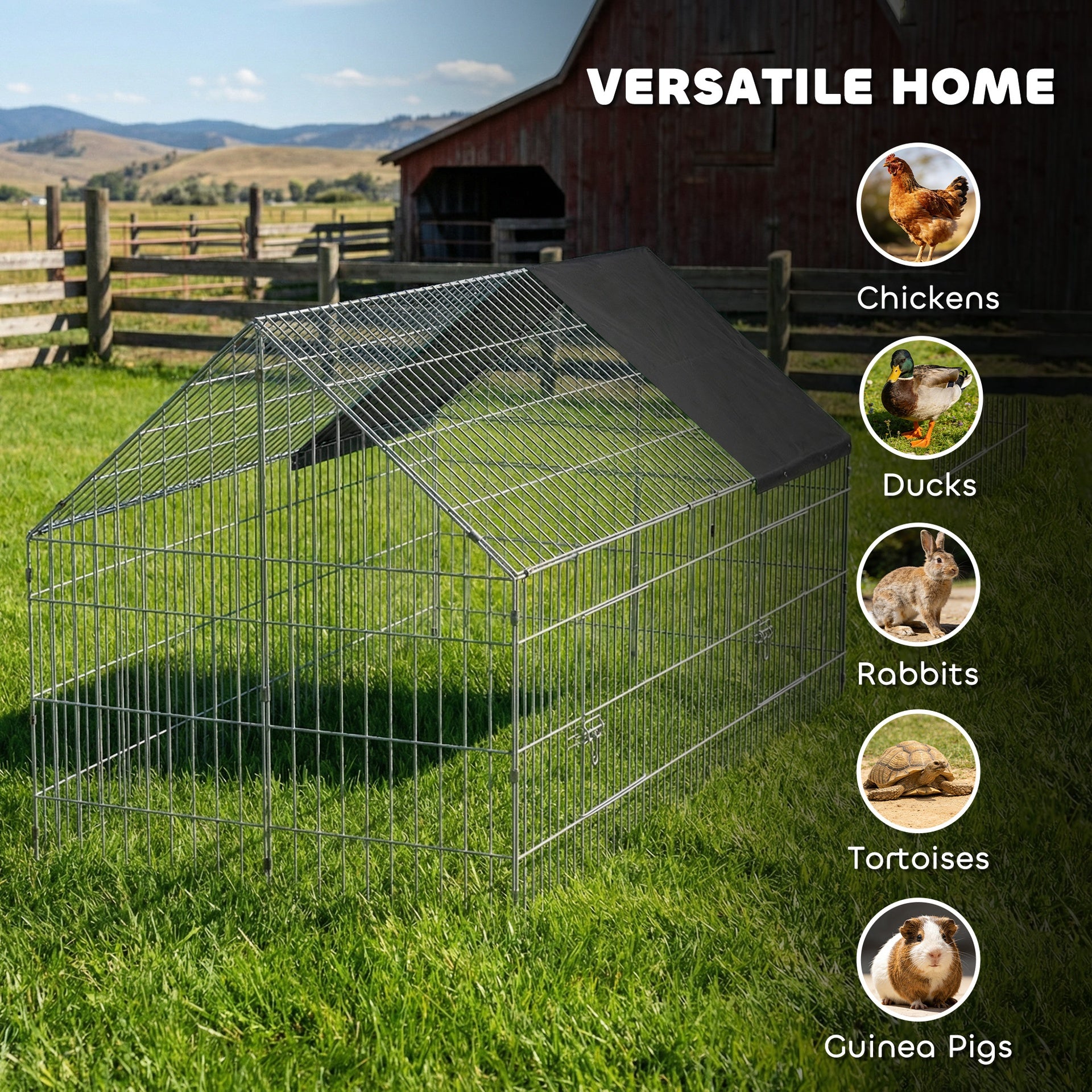 PawHut Metal Chicken Coop with Cover for Backyard Small Animals Duck Rabbit, 71" x 29.5" x 29.5", Black
