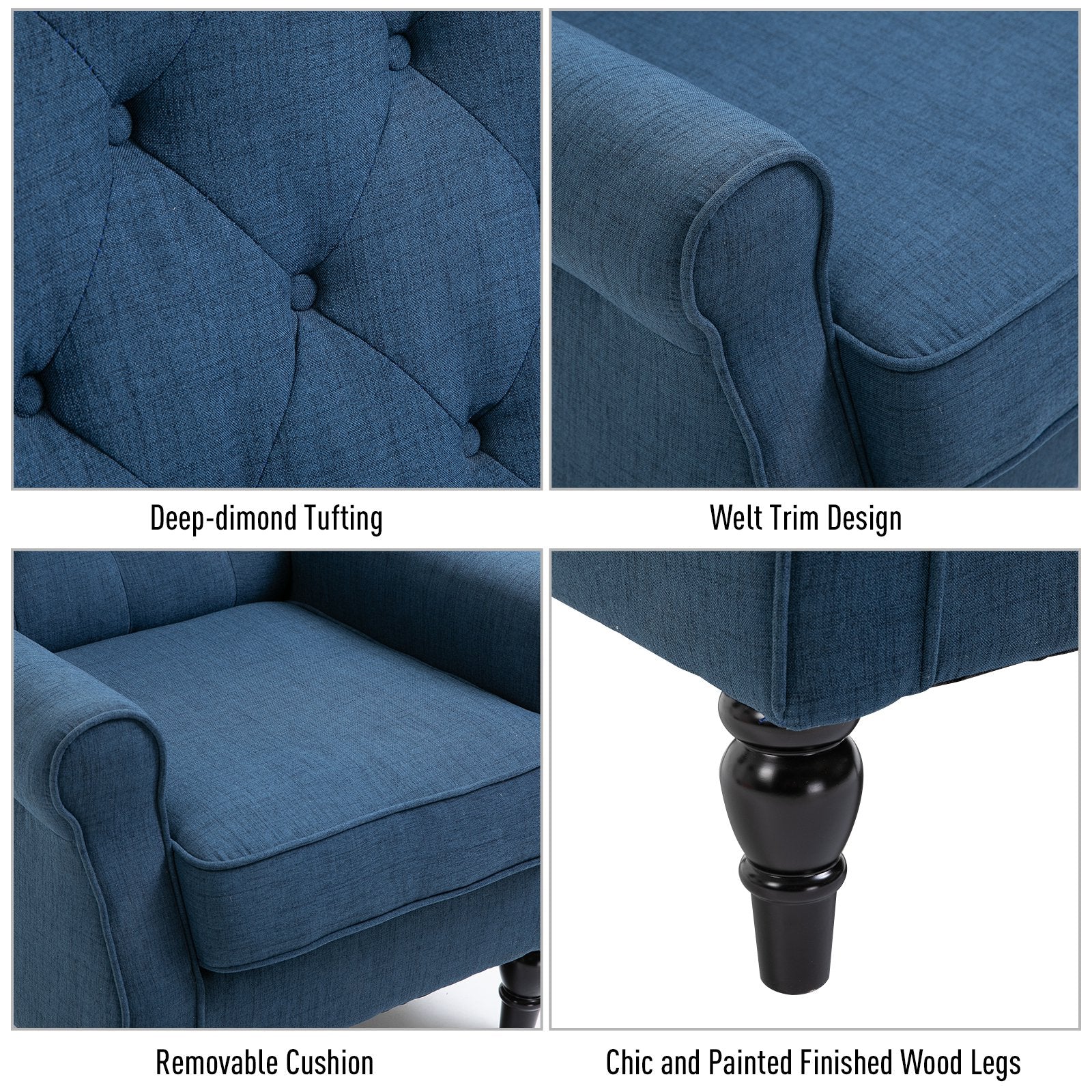 HOMCOM Fabric Tufted Club Accent Chair with Wooden Legs, Blue